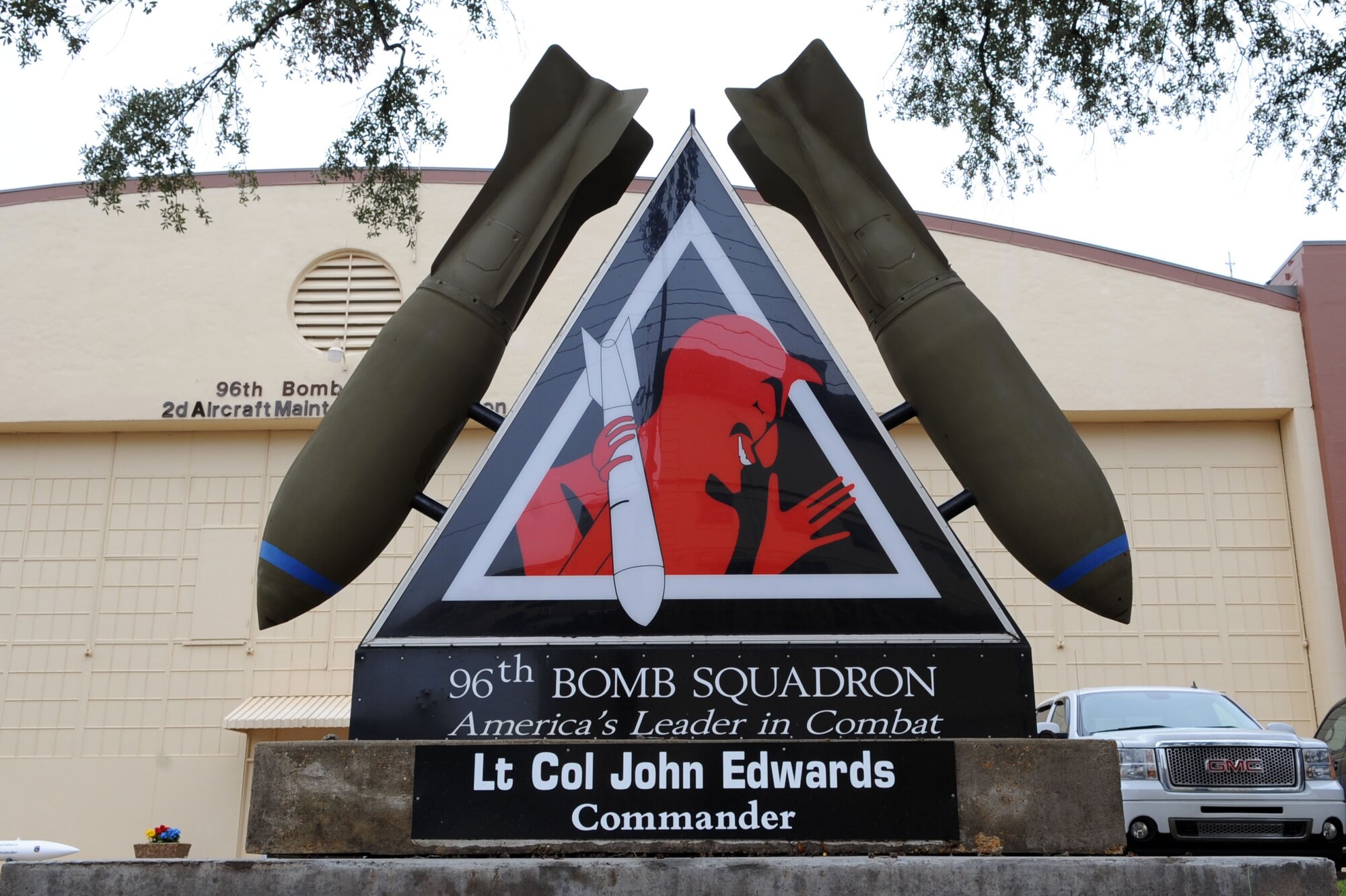 The 96th Bomb Squadron's emblem is proudly displayed on Barksdale Air Force Base, La., Feb. 14. The 96th Bomb Squadron began as the 96th Aero Squadron in 1917 and was America's first bomber group. Its emblem of a sneering devil has endured and the squadron remains, "The Devil's Own." (U.S. Air Force photo/Airman 1st Class Andrew Moua)(RELEASED)