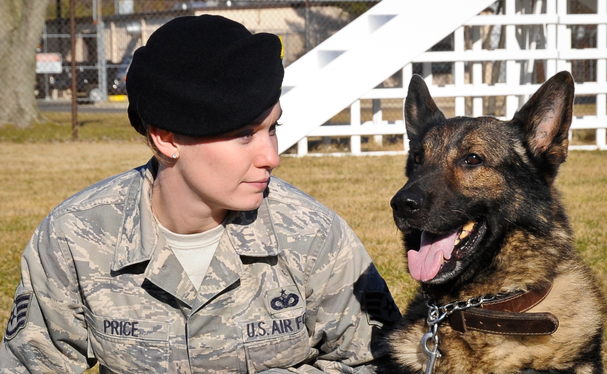 Staff Sgt. Allison Price, 87th Security Forces Squadron military working dog trainer, gazes at Military Working Dog Gino while taking a break between obstacles Feb. 3 at the military working dog obstacle course here. The military working dog handlers use the course to train the dogs for situations that may occur on the job. (U.S. Air Force photo by 2nd Lt. Alexis McGee/Released)