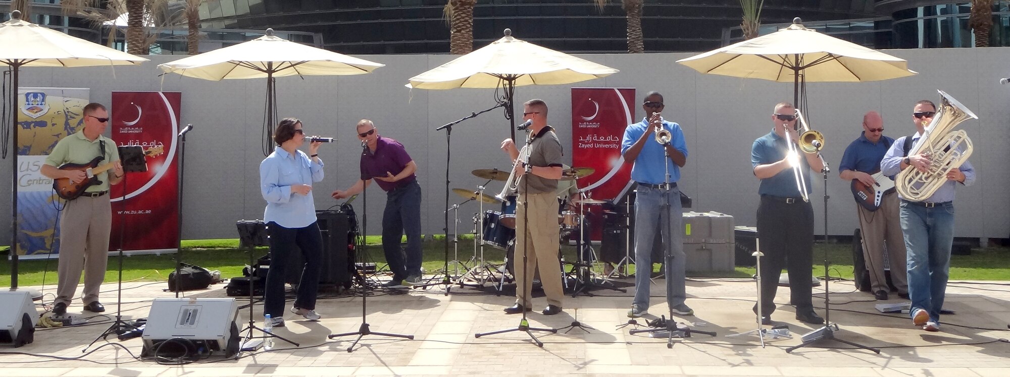 ABU DHABI, United Arab Emirates - U.S. Air Forces Central Band Afterburner performs the first-ever rock concert at Zayed University in Abu Dhabi Feb. 16, 2012. The performance was coordinated as part of the continuing diplomacy mission of the U.S. Embassy. The American ambassador to the United Arab Emirates, Michael Corbin, attended the event, as did the Minister of Education, His Excellency Humaid Mohammad Al Qattami. (U.S. Air Force photo/Tech. Sgt. Arian Nead)