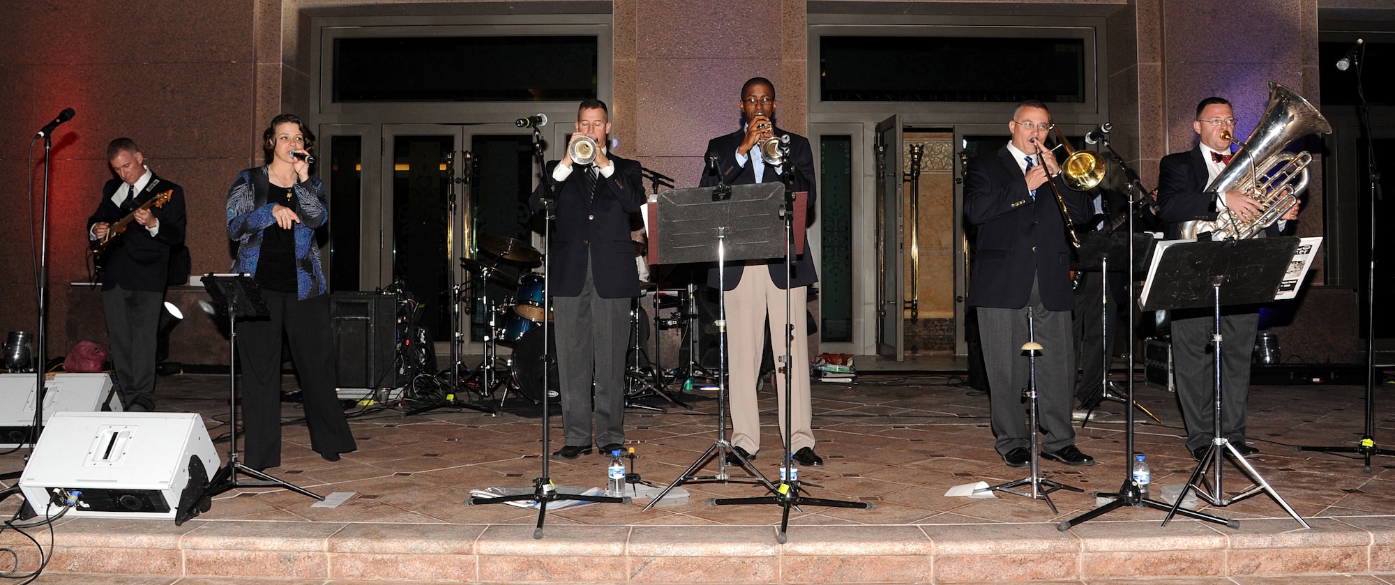 ABU DHABI, United Arab Emirates - U.S. Air Forces Central Band Afterburner entertains during a dinner at the Emirates Palace Feb. 15, 2012. The U.S. Embassy hosted an Independence Day celebration for hundreds of people representing dozens of countries. The embassy staff celebrates America's birthday in February instead of July 4 because of the hot summer weather in the Arabian Gulf Coast. The band played for more than two hours at the event. (U.S. Air Force photo/Tech. Sgt. Arian Nead)