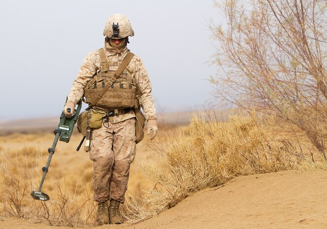 U.S. Marine Lance Cpl. Matthew Bayles, a point man with Alpha Company, 1st Light Armored Reconnaissance Battalion, and native of Plainfield, Ill., sweeps for weapons and drug caches during a patrol here, Feb. 16. Marines and sailors with 1st LAR and India Company, 3rd Battalion, 3rd Marine Regiment, conducted clearing and disrupting operations in and around the villages of Sre Kala and Paygel during Operation Highland Thunder. Marines with 1st LAR led the operation on foot, sweeping for enemy weapons and drug caches through 324 square kilometers of rough, previously unoccupied desert and marshland terrain. Mobile units with1st LAR set up blocking positions and vehicle check points while India Company, 3/3 conducted helicopter inserts to disrupt insurgent freedom of movement.