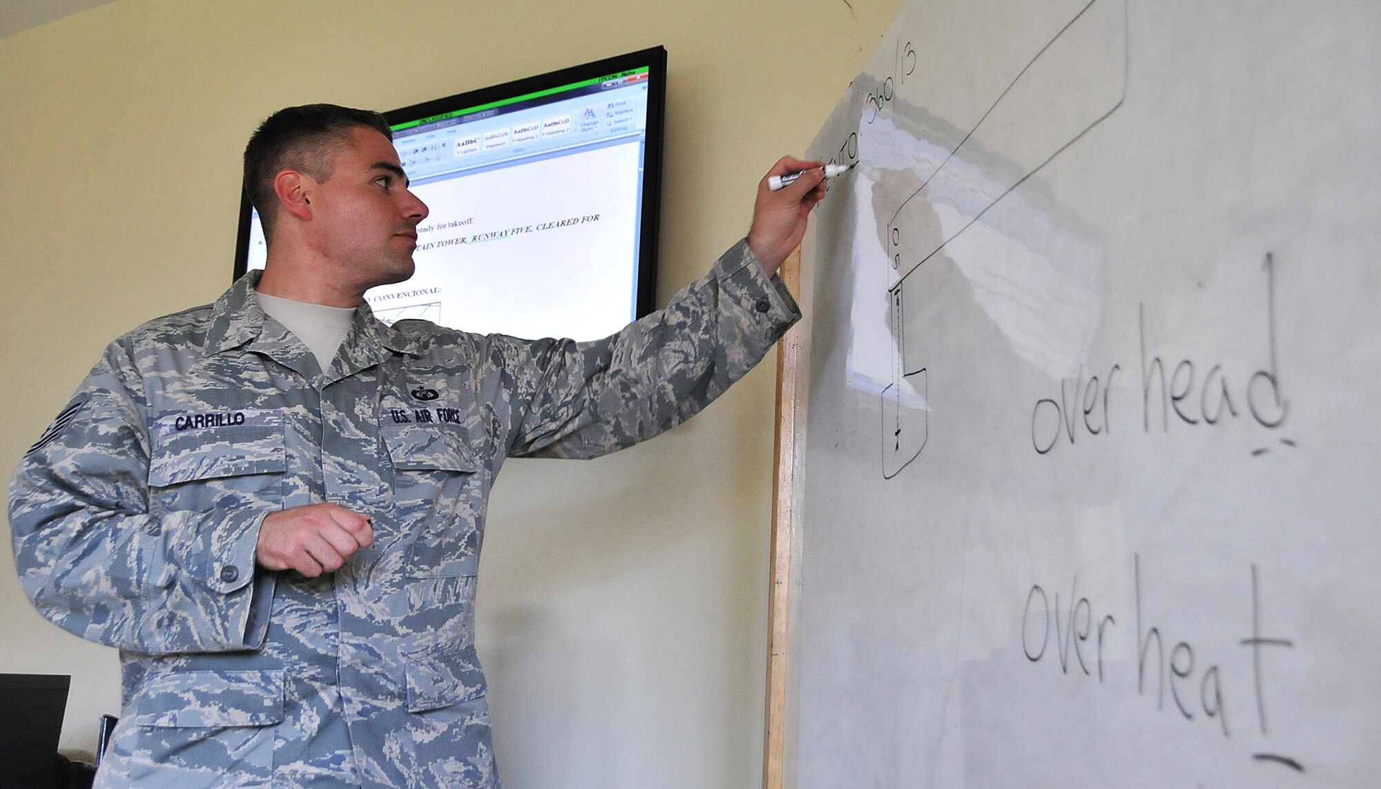 Tech. Sgt. Aaron Carrillo, 571st Mobility Support Advisory Squadron air traffic control air advisor, discusses overhead patterns during the control tower fundamentals block Feb. 6.  The MSAS Airmen, representing 15 Air Force specialties, are working side-by-side with Honduran Air Force members in developing seven core competencies of air base defense, air traffic control, aircraft maintenance, aircrew survival, communications, generator maintenance and safety.  (U.S. Air Force photo by Tech. Sgt. Lesley Waters)