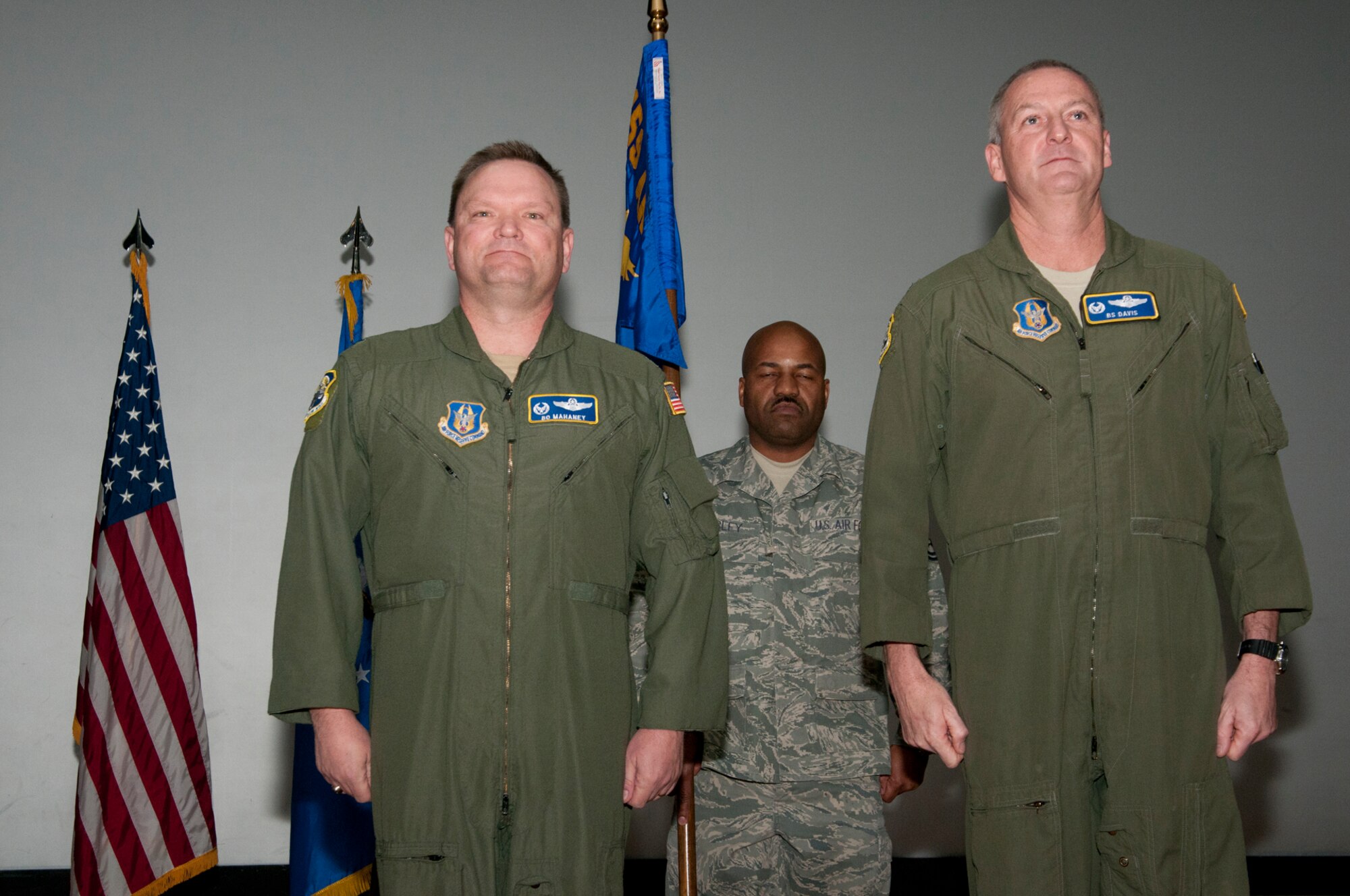 JOINT BASE ANDREWS, Md. -- Col. Brian Davis (right) officially assumed command of the 459th Operations Group during an Assumption of Command ceremony held here Feb. 12, 2012. Col. Samuel Mahaney (left), 459th Air Refueling Wing commander, officiated the ceremony. Colonel Davis, a KC-135 pilot, comes to the 459th OG after serving as commander of the 77th Air Refueling Squadron at Seymour Johnson Air Force Base, N.C. (U.S. Air Force photo/Staff Sgt. Brent Skeen)