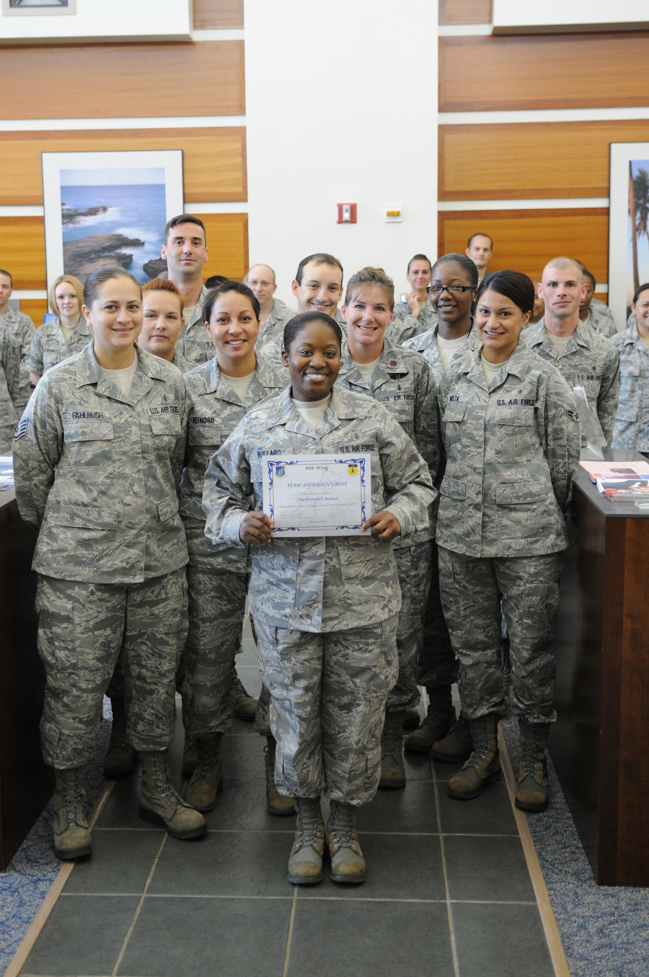 Tech. Sgt. Sharnta Bullard, 36th Medical Operations Squadron, non commissioned officer in charge  ambulance services ,was awarded Team Andersen’s Best here, Feb. 9. Andersen's Best is a recognition program which highlights a top performer from the 36th Wing. Each week, supervisors nominate a member of their team for outstanding performance and the wing commander presents the selected Airman/Civilian with an award. (U.S. Air Force photo by Staff Sgt. Alexandre Montes)