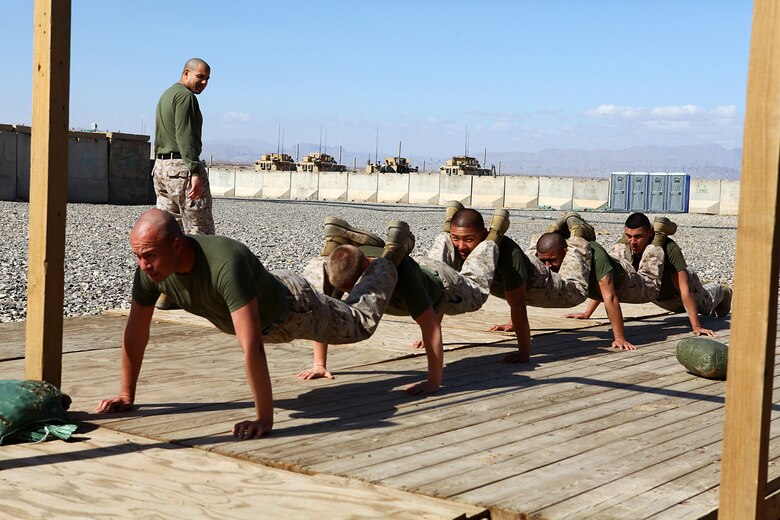 Personnel and administration Marines with Regimental Combat Team 6 completing squad push-ups at Camp Delaram II. Even when deployed physical training is a huge part of being a Marine, they pride themselves on endurance, strength and toughness. Whether carrying 70 pounds of gear on the march or completing a 10-mile conditioning run, Marines give everything they have into staying in shape.