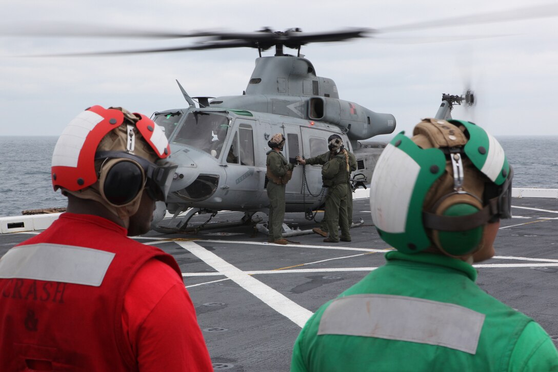 A UH-1Y Huey from Marine Light Attack Helicopter Squadron 167 lands aboard the landing dock platform USS San Antonio for refueling during Exercise Bold Alligator 2012 on Feb. 2. This exercise, the largest naval amphibious exercise in the past 10 years, represents the Navy and Marine Corps' revitalization of the full range of amphibious operations. Bold Alligator is scheduled to run through Feb. 12 afloat and ashore in and around Virginia and North Carolina.