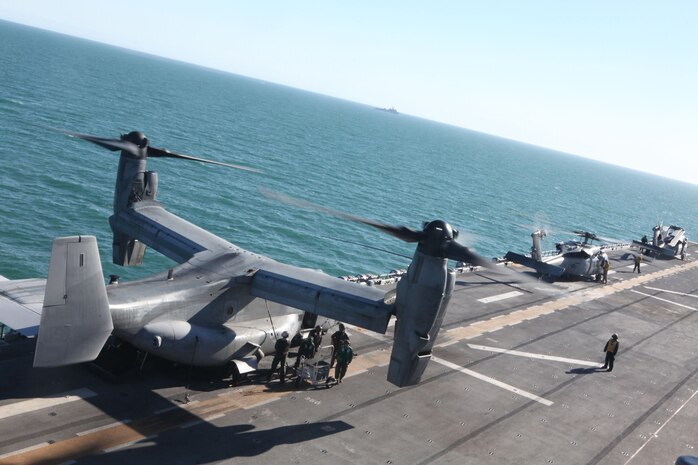 Marines and Sailors aboard the USS Wasp unload an MV-22B Osprey from Marine Medium Tiltrotor Squadron 266 as a Navy MH-60S Knighthawk idles nearby, during Exercise Bold Alligator Exercise 2012, Feb. 1. The exercise, the largest naval amphibious exercise in the past 10 years, represents the Navy and Marine Corps’ revitalization of the full range of amphibious operations. The exercise focuses on today’s fight with today’s forces, while showcasing the advantages of seabasing. This exercise will take place Jan. 30 - Feb. 12, 2012, afloat and ashore in and around Virginia and North Carolina.