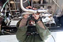 Lance Cpl. Marco A. Botero, Marine Medium Tiltrotor Squadron 365 MV-22B Osprey crew chief, installs an engine on an aircraft, Dec. 13.  Osprey crew chiefs are responsible for the mechanical well-being of the entire aircraft.