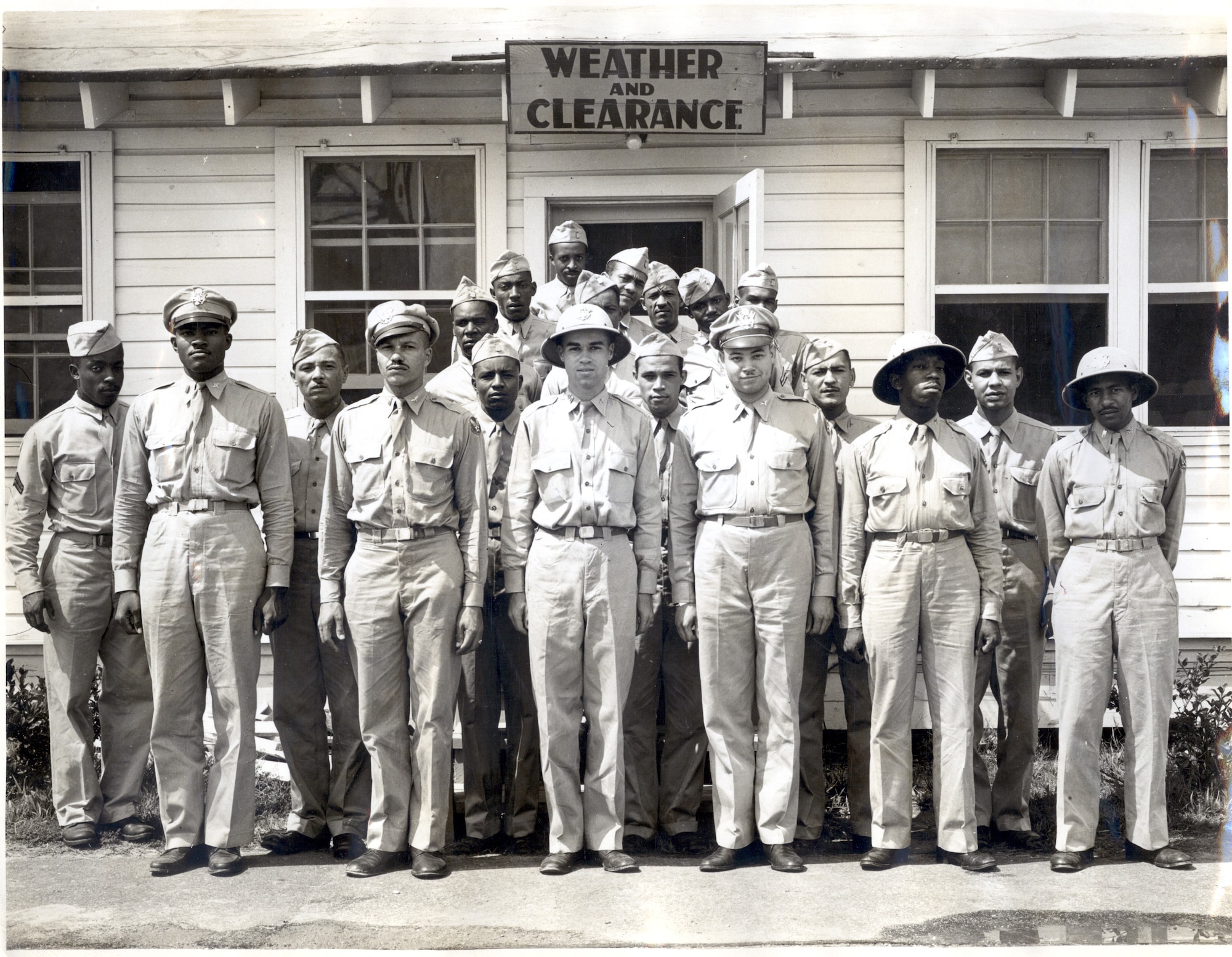 Personnel of the Tuskegee weather detachment, circa 1944. (Front row, left to right) Lt. Grant Franklin, Lt. Archie Williams, Capt. Wallace Reed, Lt. John Branche, Lt. Paul Wise and Lt. Robert Preer. (courtesy photo)
