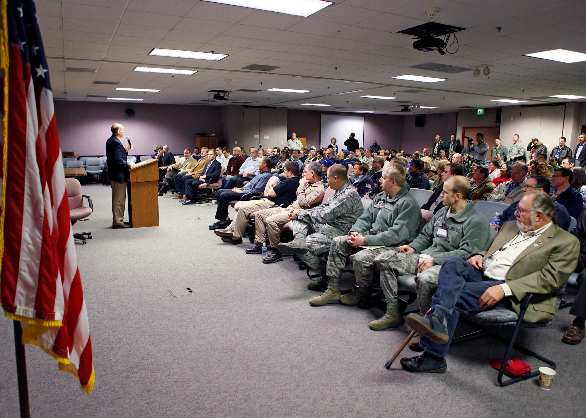 Mr. Guy Reynard, Airborne Laser Test Bed Program Manager for Northrop Grumman, was just one of the many leaders from the contractor and government workforce that gathered Feb. 14 for an all-hands meeting inside the Birk Flight Test Facility to commend those involved with the accomplishments the ALTB aircraft had while it was tested at Edwards Air Force Base, Calif. (U.S. Air Force photo by Jet Fabara)
