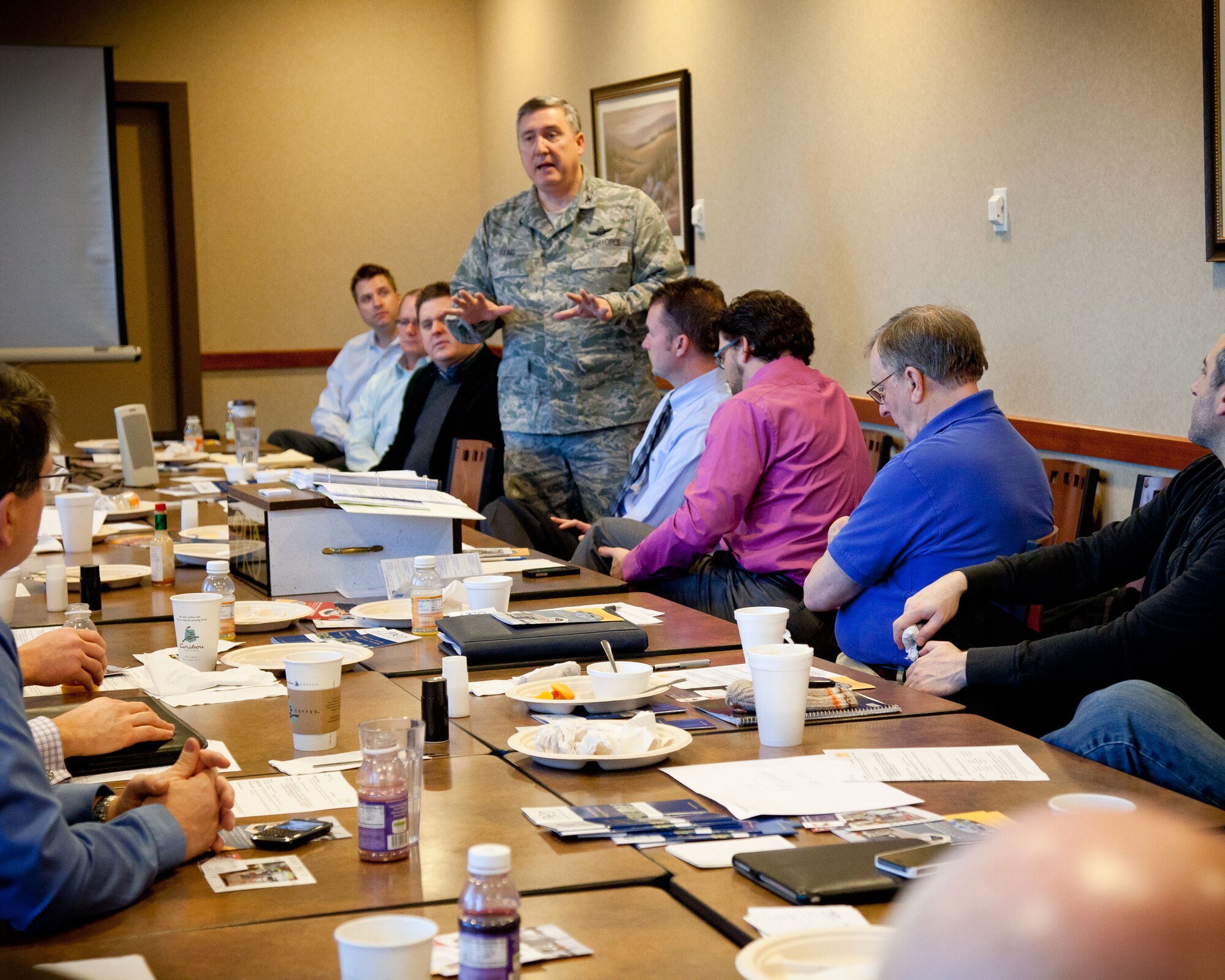 Col. Darrell G. Young, 934th Airlift Wing commander, discusses the wing's mission with members of the Professional Referral Organization at a breakfast meeting February 16.  (Air Force Photo/Shannon McKay)