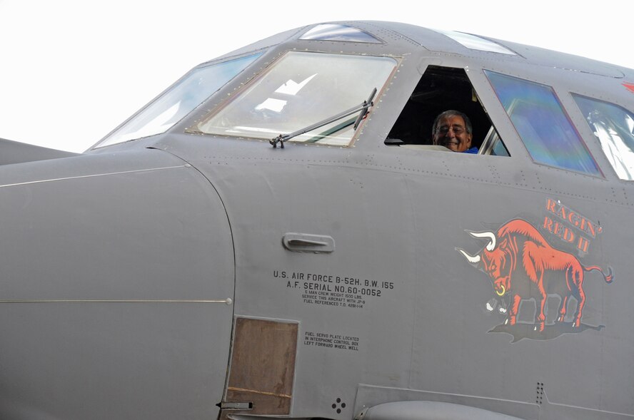 Secretary of Defense Leon E. Panetta sits in the flight deck of a B-52H Stratofortress on Barksdale Air Force Base, La., Feb. 17. The Secretary hosted an All-Call with more than 300 Airmen to thank them for their efforts in operating, maintaining and supporting the long range strike missions performed by the B-52H Stratofortress, B-2 Spirit and B-1B Lancer bomber aircraft.  During the event, Secretary Panetta also re-enlisted six Airmen and presented medals to Airmen who served in Afghanistan and other overseas locations.  Following the All-Call, Secretary Panetta met with Headquarters Air Force Global Strike Command and 2nd Bomb Wing leadership for briefings on global strike capabilities. (U.S. Air Force photo/Airman 1st Class Micaiah Anthony)(RELEASED)