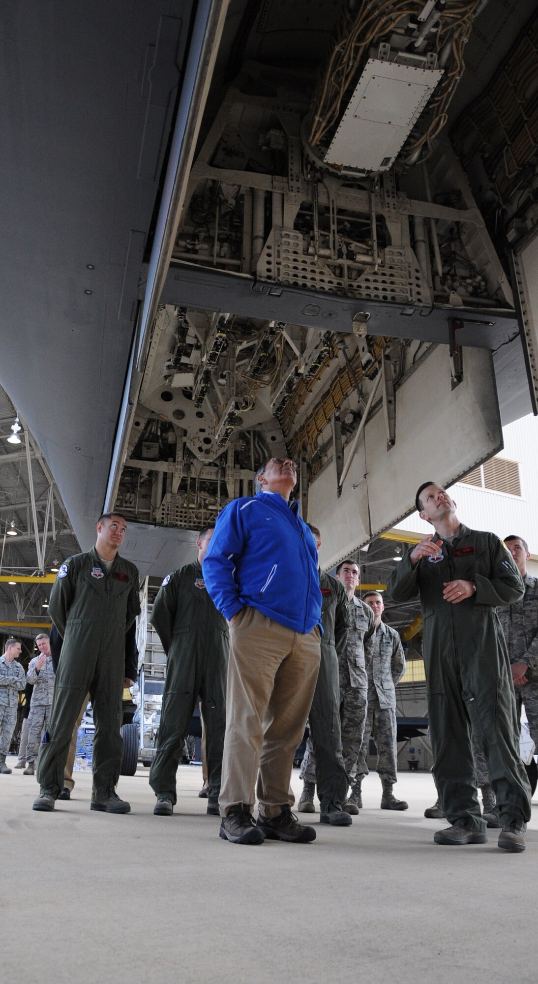Lt. Col. John Martin a pilot with the 28th Bomb Wing Ellsworth Air Force Base, S.D., shows Secretary of Defense Leon E. Panetta the bomb bay of a B-1B Lancer on Barksdale Air Force Base, La., Feb. 17. The Secretary hosted an All-Call with more than 300 Airmen to thank them for their efforts in operating, maintaining and supporting the long range strike missions performed by the B-52H Stratofortress, B-2 Spirit and B-1B Lancer bomber aircraft.  During the event, Secretary Panetta also re-enlisted six Airmen and presented medals to Airmen who served in Afghanistan and other overseas locations.  Following the All-Call, Secretary Panetta met with Headquarters Air Force Global Strike Command and 2nd Bomb Wing leadership for briefings on global strike capabilities. (U.S. Air Force photo/Airman 1st Class Micaiah Anthony)(RELEASED)

