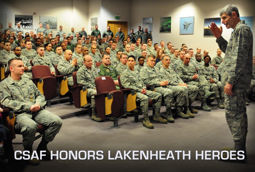 Air Force Chief of Staff Gen. Norton Schwartz, salutes Royal Air Force Lakenheath Airmen during an awards presentation at the Strike Eagle Complex Feb. 10, 2012. Schwartz presented five Airman from the 48th Fighter Wing with medals for demonstrating bravery and heroism in the line of duty. (U.S. Air Force photo by Senior Airman Lausanne Morgan) 

