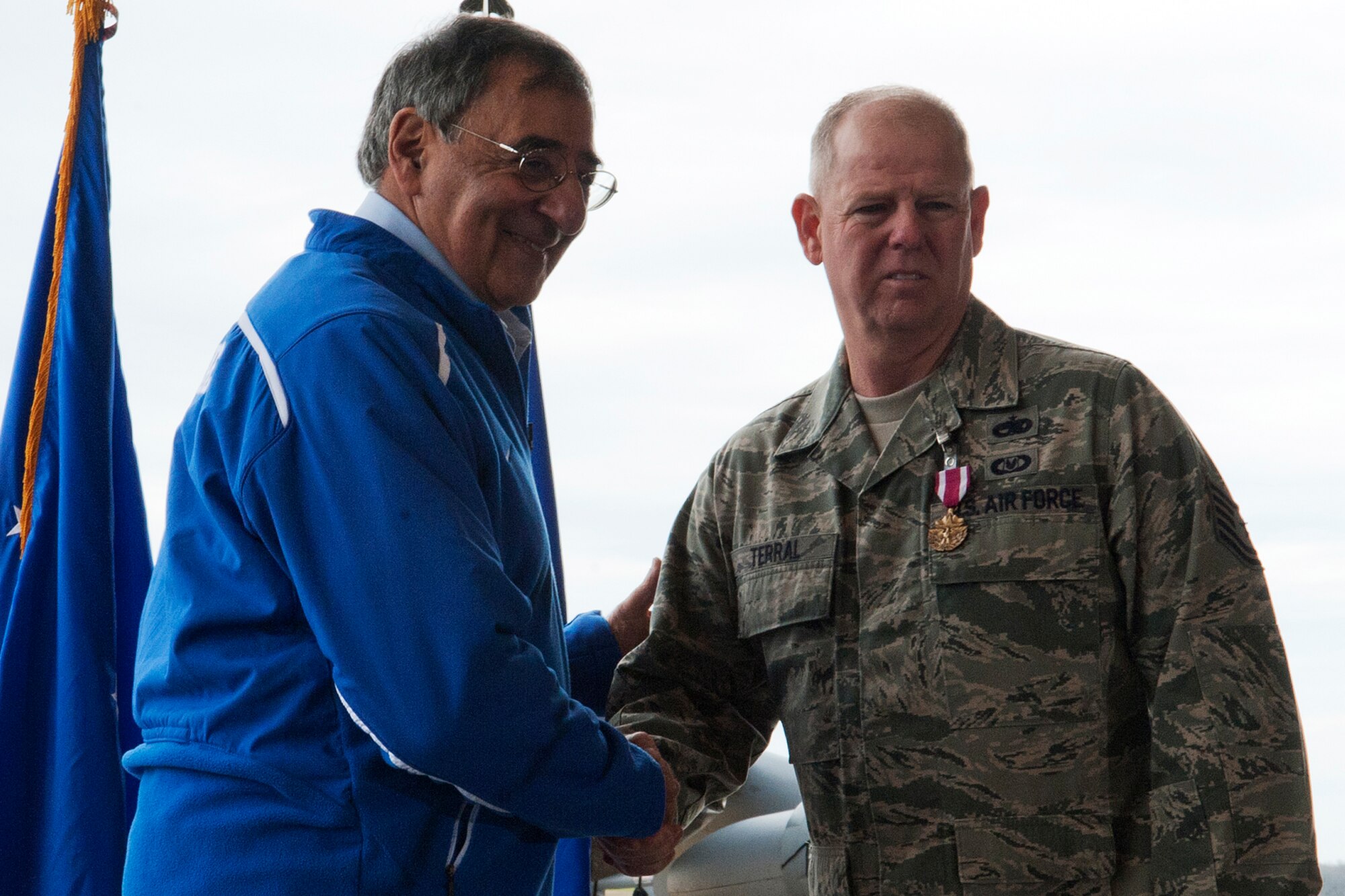 Secretary of Defense Leon E. Panetta awards The Meritorious Service Medal to U.S. Air Force Tech. Sgt. Anthony Terral, Barksdale Air Force Base, La., Feb. 17, 2012. The Secretary hosted an All-Call and recognized deserving Airmen at Barksdale. (U.S. Air Force photo by Master Sgt. Greg Steele/Released)