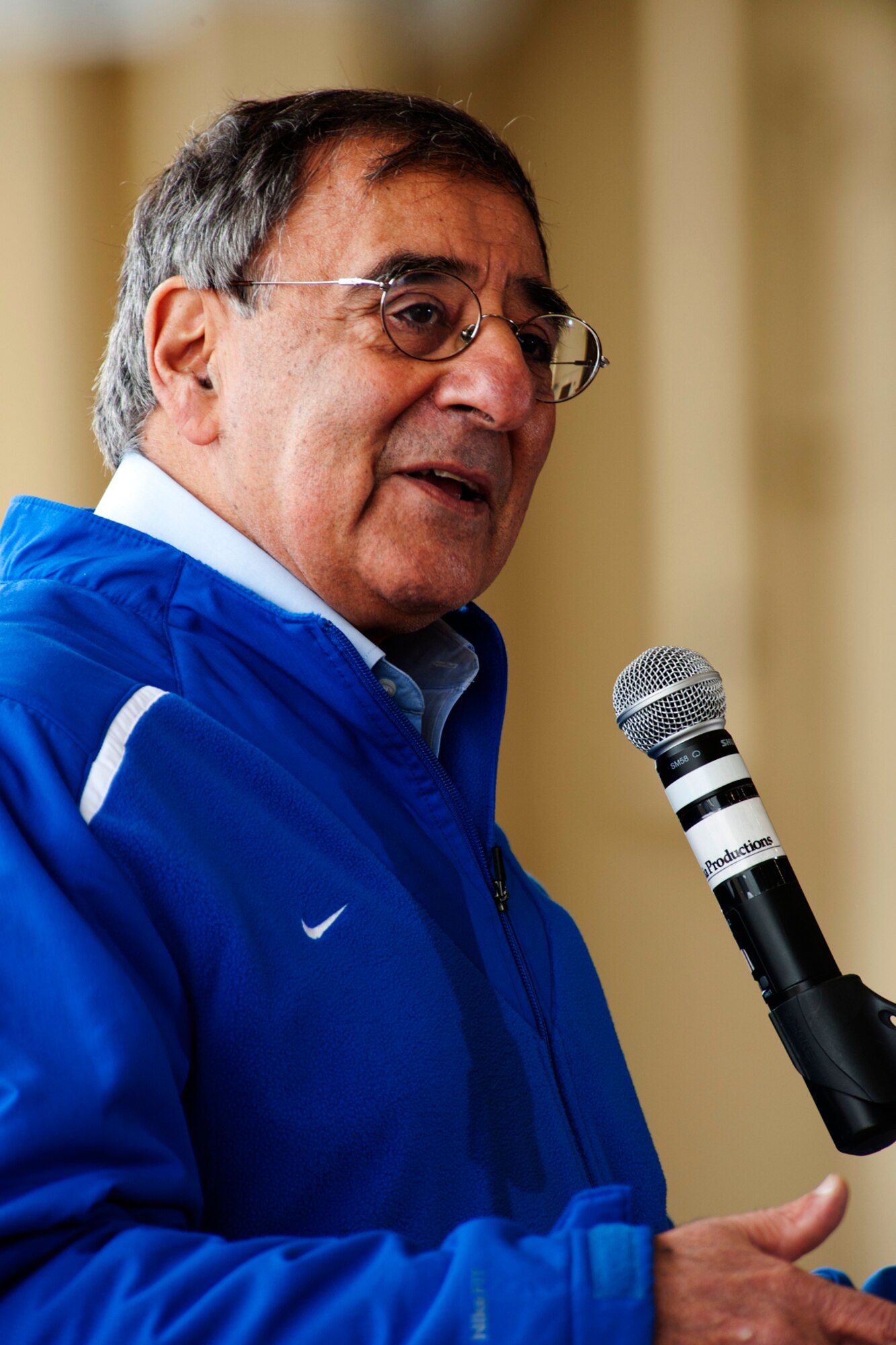 Secretary of Defense Leon E. Panetta talks to more than 300 Airmen during an All-Call held at Barksdale Air Force Base, La., Feb. 17, 2012. The Secretary thanked the Airmen for their dedication to maintaining America's bomber fleet and presented medals to four Airmen for their service in Operation Enduring Freedom. (U.S. Air Force photo by Master Sgt Greg Steele/Released)