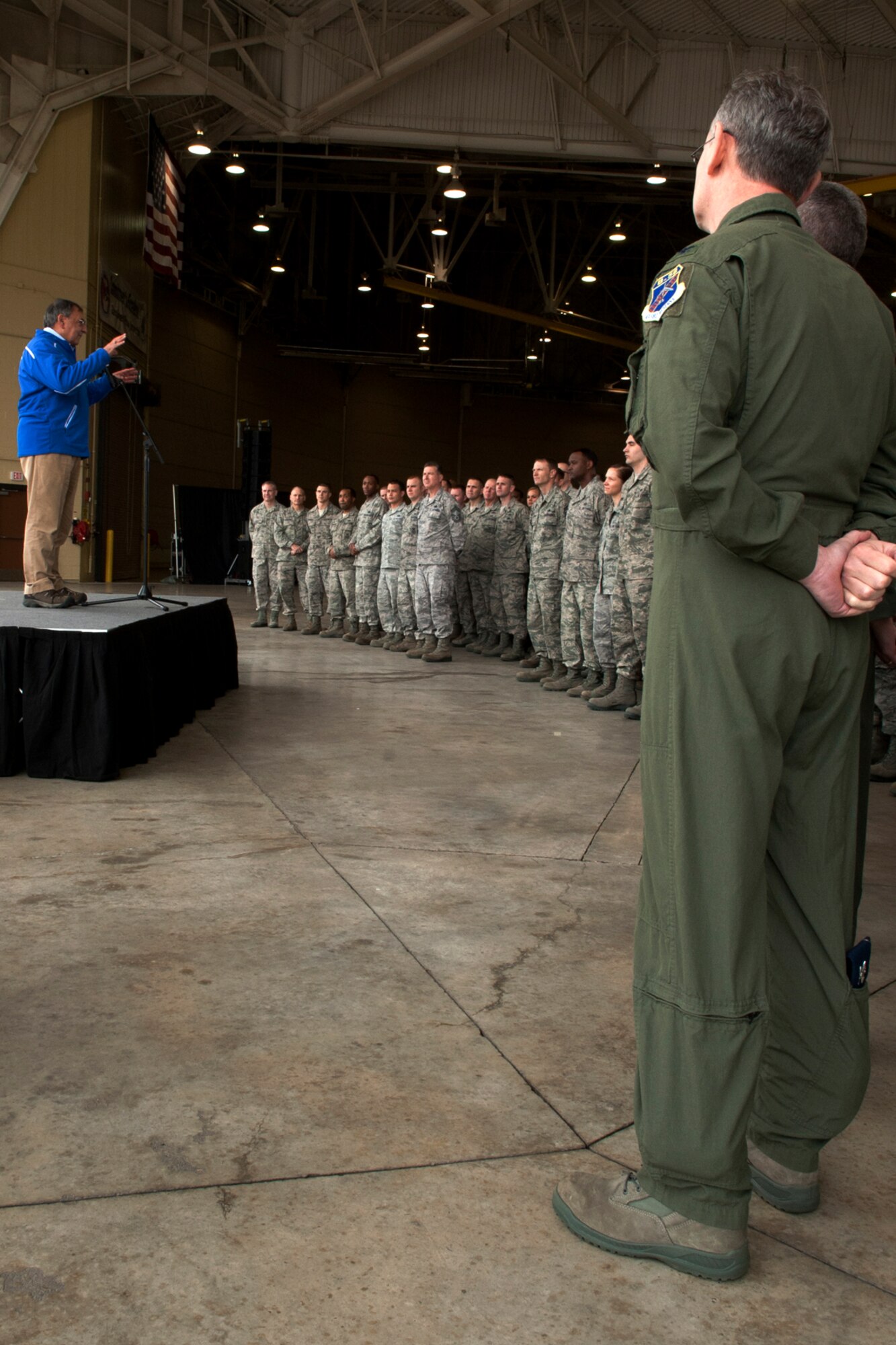 Secretary of Defense Leon E. Panetta speaks to a group of over 300 Airmen during an All-Call held at Barksdale Air Force Base, La., Feb. 17, 2012. The Secretary visited Barksdale and thanked the Airmen for their continued dedication to maintaining and operating America's bomber fleet. (U.S. Air Force photo by Master Sgt. Greg Steele/Released)
