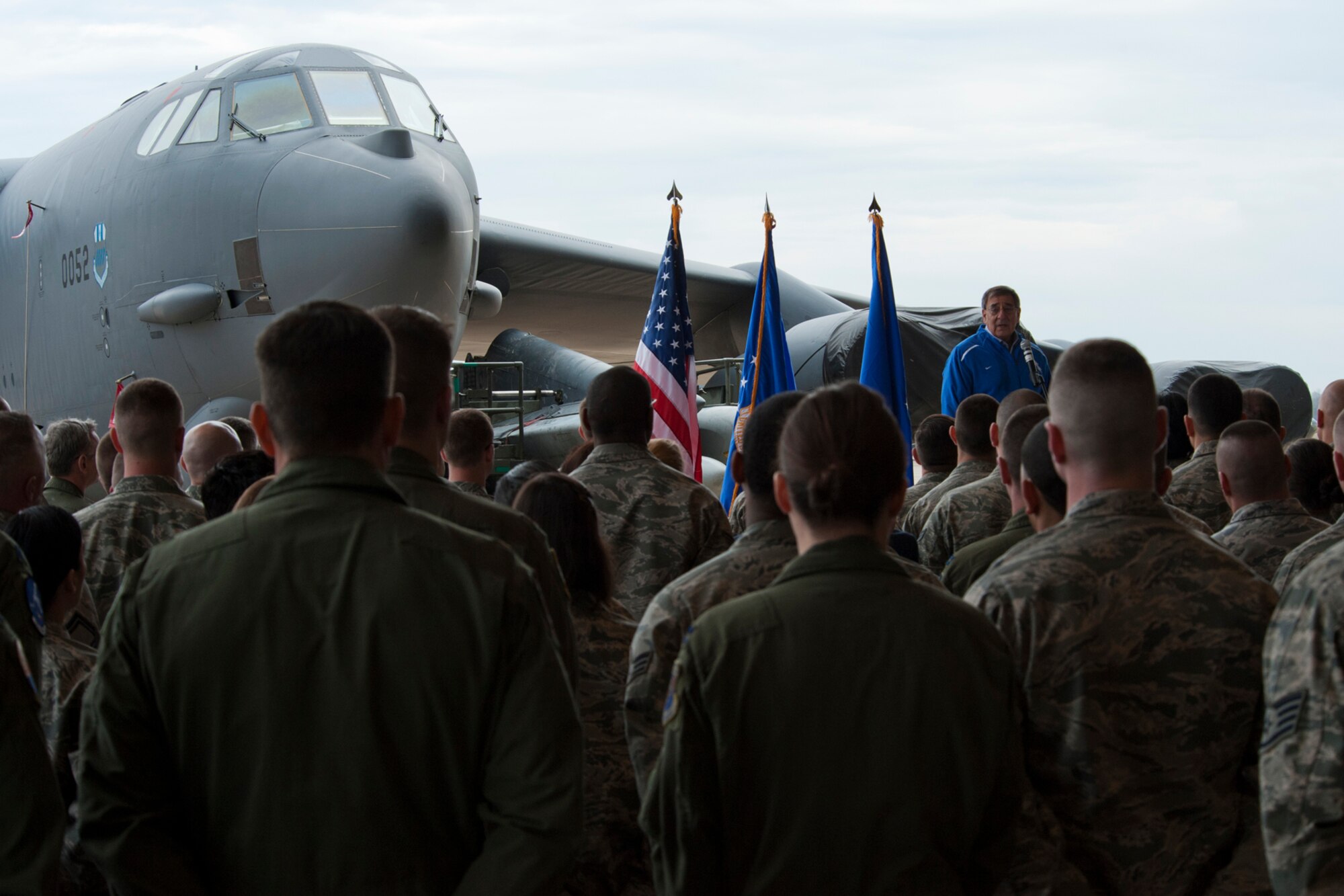 Secretary of Defense Leon E. Panetta speaks to a group of over 300 Airmen during an All-Call held at Barksdale Air Force Base, La., Feb. 17, 2012. The Secretary visited Barksdale and thanked the Airmen for their continued dedication to maintaining and operating America's bomber fleet. (U.S. Air Force photo by Master Sgt. Greg Steele/Released)