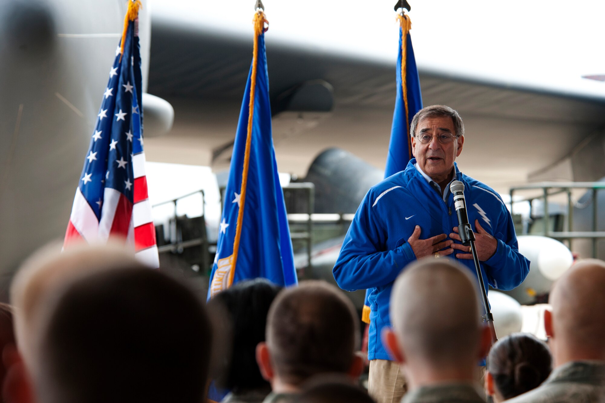 Secretary of Defense Leon E. Panetta speaks to a group of over 300 Airmen during an All-Call held at Barksdale Air Force Base, La., Feb. 17, 2012. The Secretary also reenlisted six Airmen and presented five medals to Airmen for their service while deployed in support of Operation Enduring Freedom. (U.S. Air Force photo by Master Sgt. Greg Steele/Released)