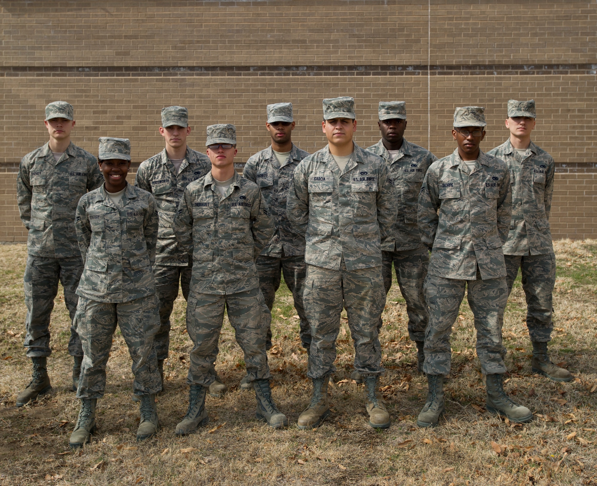 Congratulations to Team McConnell’s newest First Term Airman’s Center graduates who graduated Feb.  17, 2012, McConnell Air Force Base, Kan. Front row, from left to right: Airmen 1st Class Jundra Asberry, Jacob Theriault, Thomas Garcia and Miguel Thorpe. Second row, from left to right:  Airmen 1st Class Trent Harvey, Christopher Wadsworth, Kyle Pachero, TerTion Salley and Alexander Del Vecchio. (U.S. Air Force photo/Airman 1st Class Armando A. Schwier-Morales) 	