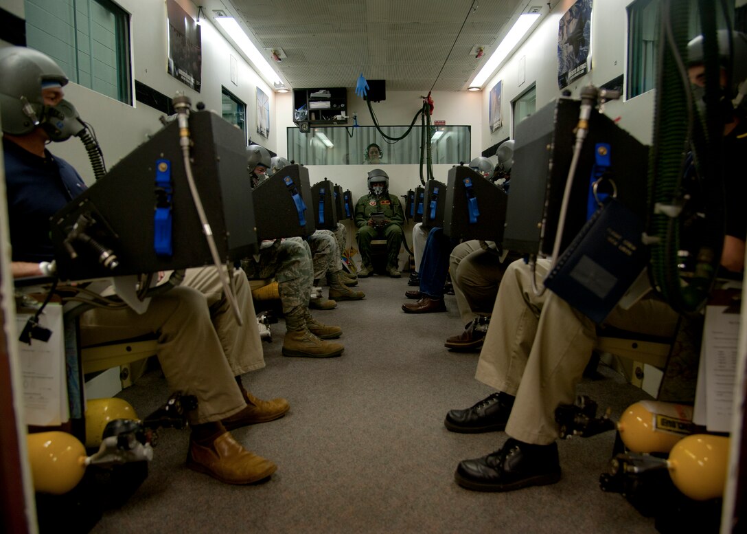 U.S. Air Force Senior Airman Clariece Kyles (center), 633rd Aerospace Medical Squadron Physiological Flight aerospace and physiology technician, instructs an altitude chamber class during 30 minutes of denitrogenation at ground level at the Physiological Training Center at Langley Air Force Base, Va., Feb. 14, 2012. Aviators train in the chamber to experience and recognize the signs and symptoms of hypoxia, or oxygen deprivation, while executing aircraft specific emergency procedures to correct the problem.   (U.S. Air Force photo by Senior Airman John D. Strong II/Released)