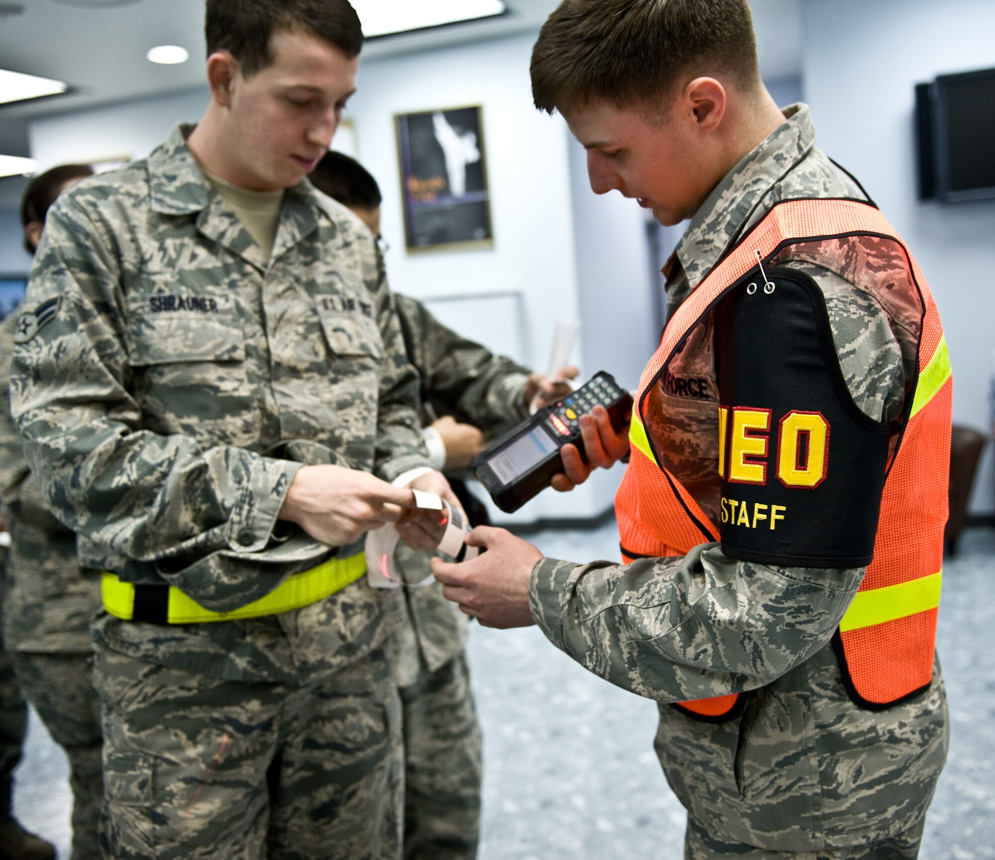 YOKOTA AIR BASE, Japan -- Airman 1st Class Nick Henderson, 374th Force Support Squadron noncombatant evacuation operations augmentee, uses the noncombatant tracking system during an operational  readiness exercise at Yokota Air Base, Japan, Feb. 21, 2012. Noncombatants are sometimes  evacuated and relocated during times of war, political and civil instability and natural disaster.   (U.S. Air Force photo/Airman 1st Class Krystal M. Garrett)