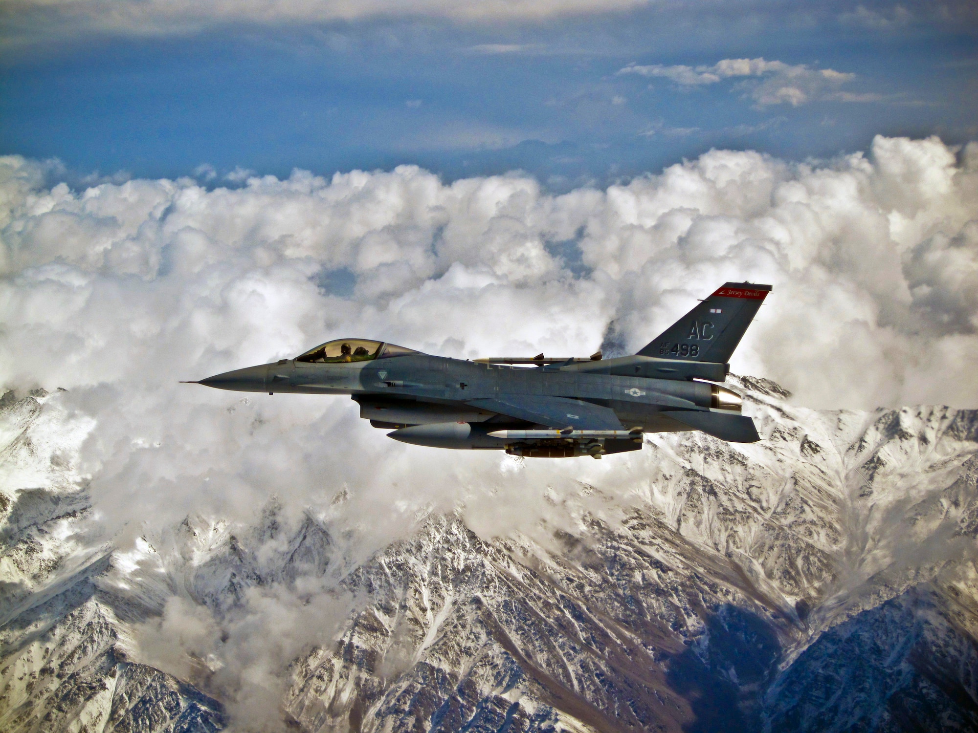 An F-16C Fighting Falcon with the 177th Fighter Wing, New Jersey Air National Guard, on a mission over Afghanistan on Oct. 23, 2011. (U.S. Air Force photo)