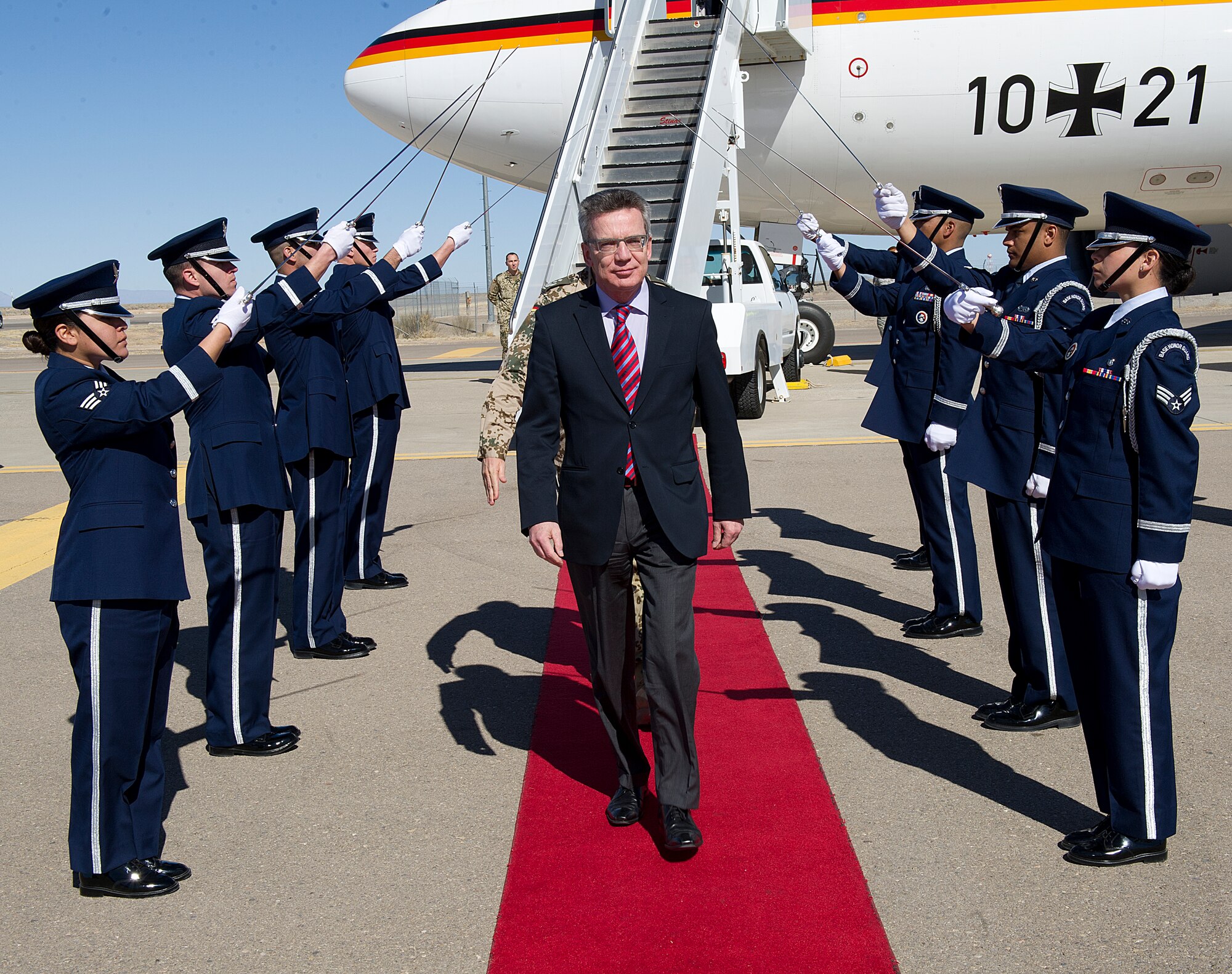 Dr. Thomas de Maiziere, the Germany Federal Minister of Defense, arrives at the 49th Materiel Maintenance Group ramp at Holloman Air Force Base, N.M., Feb. 15, 2012. Holloman AFB was the first of many stops on de Maiziere’s trip to the U.S. He visited the base to visit the German Air Force Flying Training Center. (U.S. Air Force photo/Senior Airman DeAndre Curtiss)