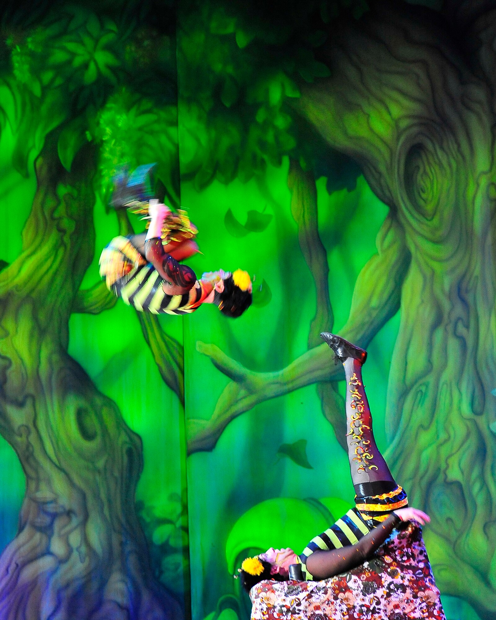 Members of Team Ramstein waited an hour in the cold for a warm seat to view Cirque Dreams "Jungle Fantasy” World Tour performance at Ramstein Air Base, Germany, Feb. 17, 2012.  The hour and a half show featured vibrant costumes, amazing acts of physical strength and skill, aerial acts, tumblers, jugglers, gymnasts, contortionists and jokesters. Cirque Dreams partnered with Armed Forces Entertainment to perform "Jungle Fantasy" at 17 military installations in 10 different countries through Asia and Europe.  (U.S. Air Force Photo by/ Staff Sgt. Daylena Gonzalez)
