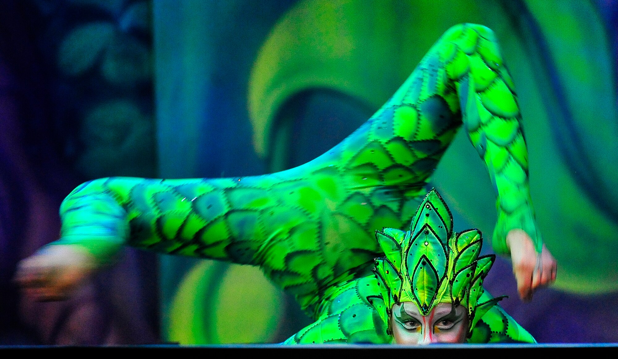 Members of Team Ramstein waited an hour in the cold for a warm seat to view Cirque Dreams "Jungle Fantasy” World Tour performance at Ramstein Air Base, Germany, Feb. 17, 2012.  The hour and a half show featured vibrant costumes, amazing acts of physical strength and skill, aerial acts, tumblers, jugglers, gymnasts, contortionists and jokesters. Cirque Dreams partnered with Armed Forces Entertainment to perform "Jungle Fantasy" at 17 military installations in 10 different countries through Asia and Europe.  (U.S. Air Force Photo by/ Staff Sgt. Daylena Gonzalez)