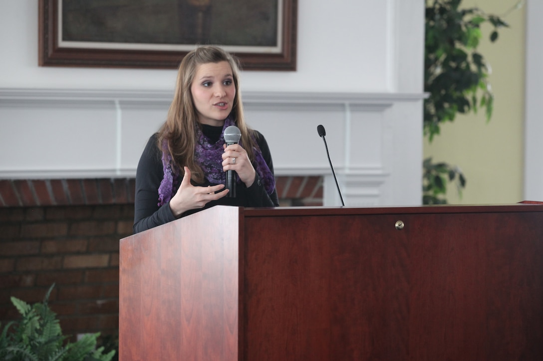 Anna Downer Youngs, the field staff director of Discipleship Network of America's Young Women's Ministry speaks at a luncheon held by the Protestant Women of the Chapel. She was there to speak about her experience as a military child during a presentation titled "Five Things Every Daughter Wants Her Parents To Know".