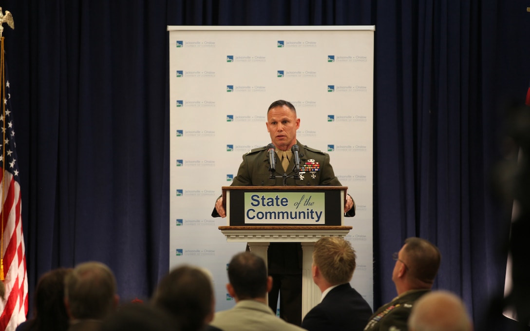 Col. Daniel J. Lecce speaks at the State of the Community Breakfast Feb. 14 in Jacksonville. Lecce spoke of changes coming to the base due to construction and recent budget cuts that will lead to a rightsizing of the Marine Corps.  