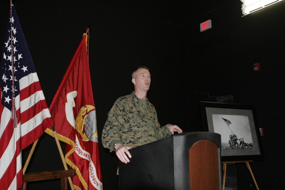 Lt. Col. Ryan Rideout, Director of 2nd Marine Aircraft Wing Aviation Training Systems gives the opening speech at the celebration marking the first day of the now ready for training Prowler simulator aboard Marine Corps Air Station Cherry Point, N.C., Feb. 22, 2012. The 2F-185 Weapon System Trainer is a simulator for the EA-6B Prowler that the Marine Corps adopted from the Navy in 2006.