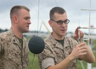 Sgt. Nathan R. Will and Sgt. Jason P. Lukasek, weather forecasters aboard Marine Corps Air Station New River, N.C., take measurements to determine the heat index. 