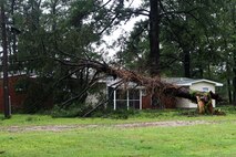A massive tree rests on power lines and a house aboard Marine Corps Air Station New River, N.C., Aug. 27, 2011. The aftermath of Hurricane Irene left a path of destruction aboard MCAS New River, N.C, and coastal Carolina. 