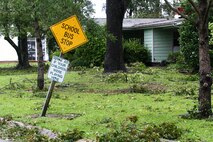 A sign damaged by hurricane winds exhibits the late storm’s force aboard Marine Corps Air Station New River, N.C., Aug. 27, 2011. The aftermath of Hurricane Irene left a path of destruction aboard MCAS New River, N.C, and across coastal Carolina. 