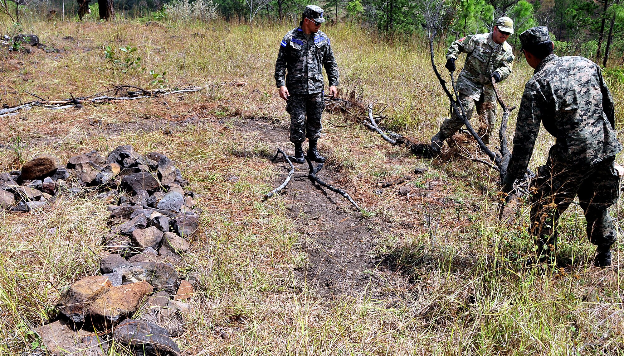 Members of the Honduran Air Force air crew clear an area by making a "V" in the ground to help an aircraft locate their position during the vectoring application of the aircrew survival seminar at Tamara, Honduras, Feb. 15.  (U.S. Air Force photo by Tech. Sgt. Lesley Waters)