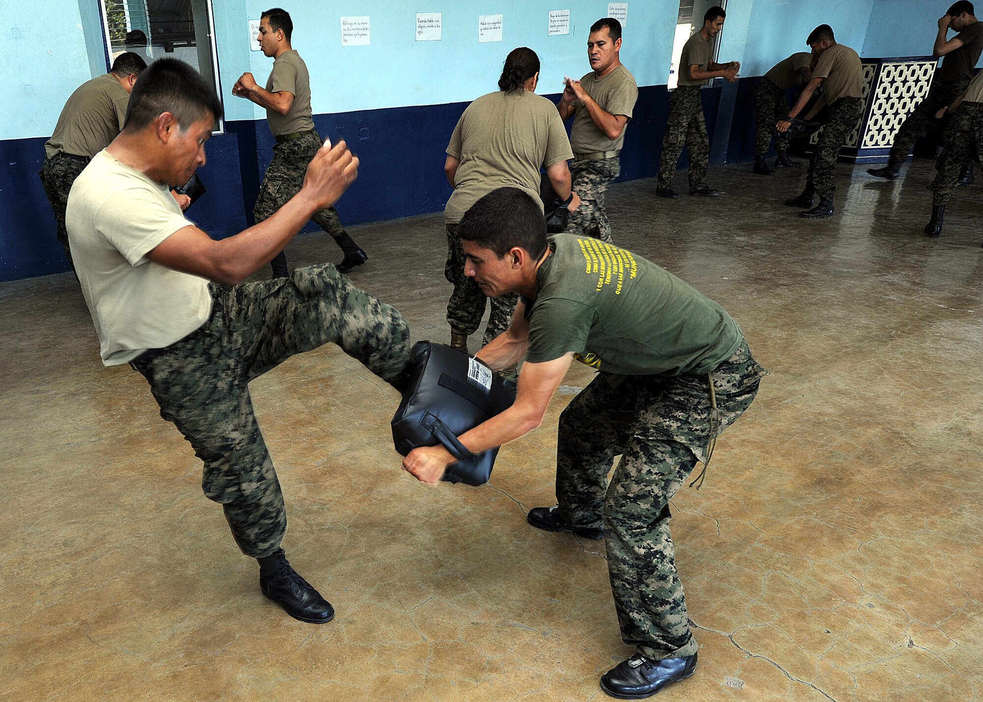 Senior Airmen Erick Nunez and Francisco Sanchez, Honduran Air Force security forces members, practice the front kick as part of the self-protection portion of the air base defense seminar Feb. 14, during the Air Mobility Command Building Partner Capacity mission in Tegucigalpa, Honduras.  (U.S. Air Force photo by Tech. Sgt. Lesley Waters)
