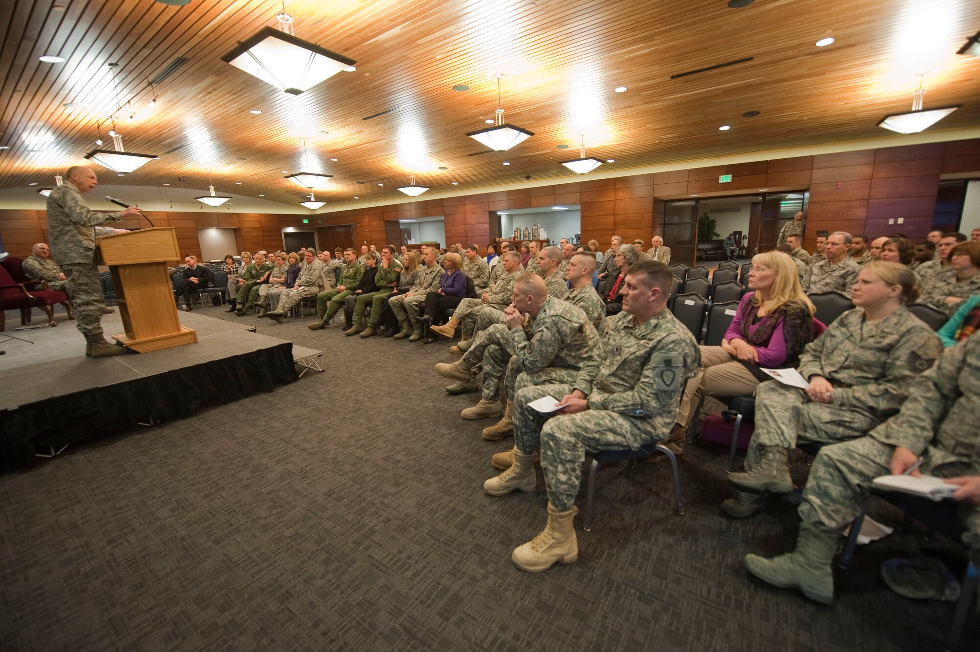 Air Force Chaplain (Brig. Gen.) Howard Stendahl speaks on "Resilience in the community of faith" during the 2012 National Prayer Breakfast at the Arctic Warrior Events Center, Joint Base Elmendorf-Richardson Feb. 22. The U.S. military has regularly participates in this international prayer tradition. Scripture readings were read from multiple sacred writings. Stendahl is deputy chief of chaplains and a member of the special staff of the Chief of Staff of the Air Force at the Pentagon. (U.S. Air Force photo/Staff Sgt. Robert Barnett)