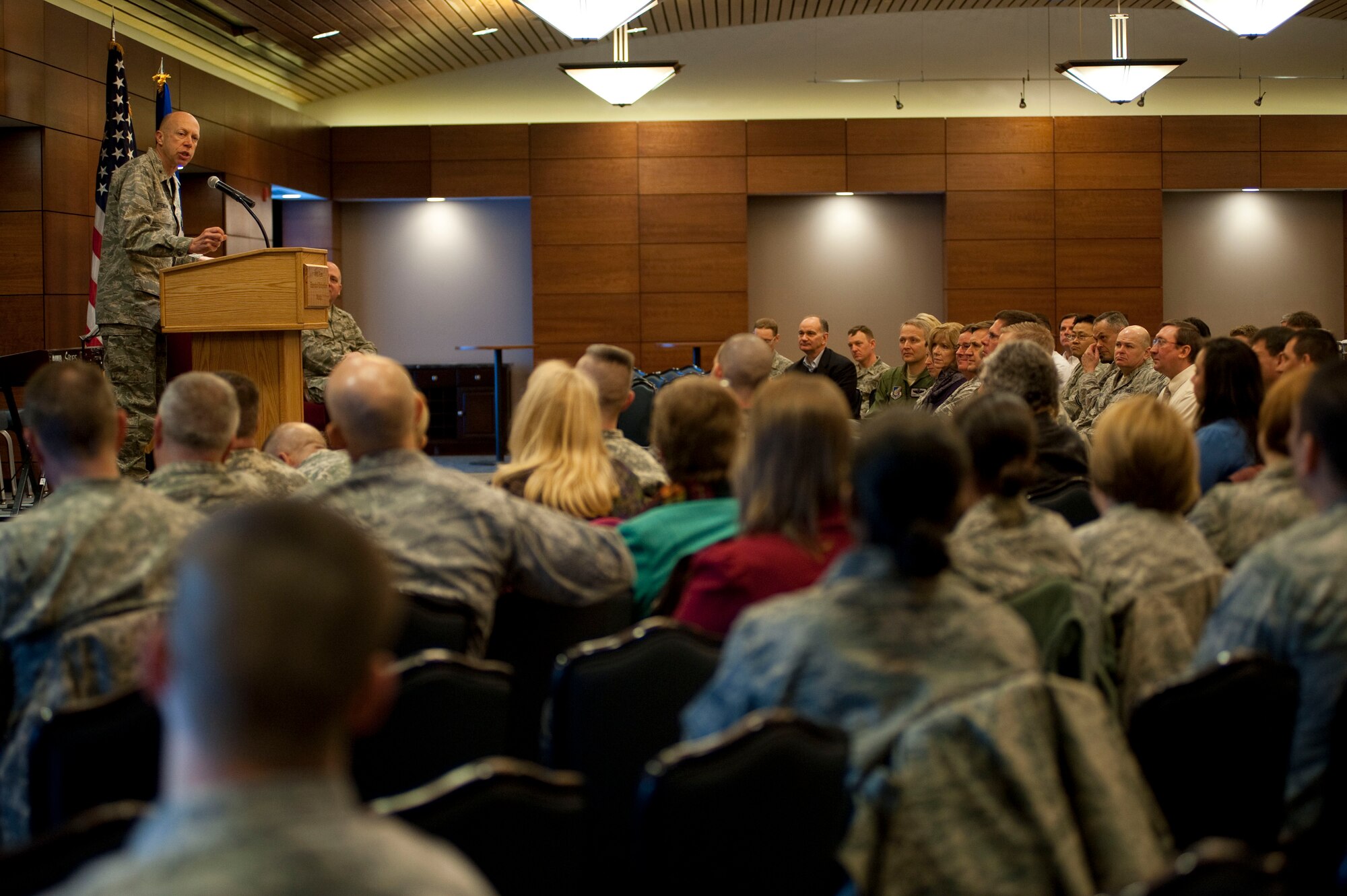 Air Force Chaplain (Brig. Gen.) Howard Stendahl speaks on "Resilience in the community of faith" during the 2012 National Prayer Breakfast at the Arctic Warrior Events Center, Joint Base Elmendorf-Richardson Feb. 22. The U.S. military has regularly participates in this international prayer tradition. Scripture readings were read from multiple sacred writings. Stendahl is deputy chief of chaplains and a member of the special staff of the Chief of Staff of the Air Force at the Pentagon. (U.S. Air Force photo/Staff Sgt. Robert Barnett)