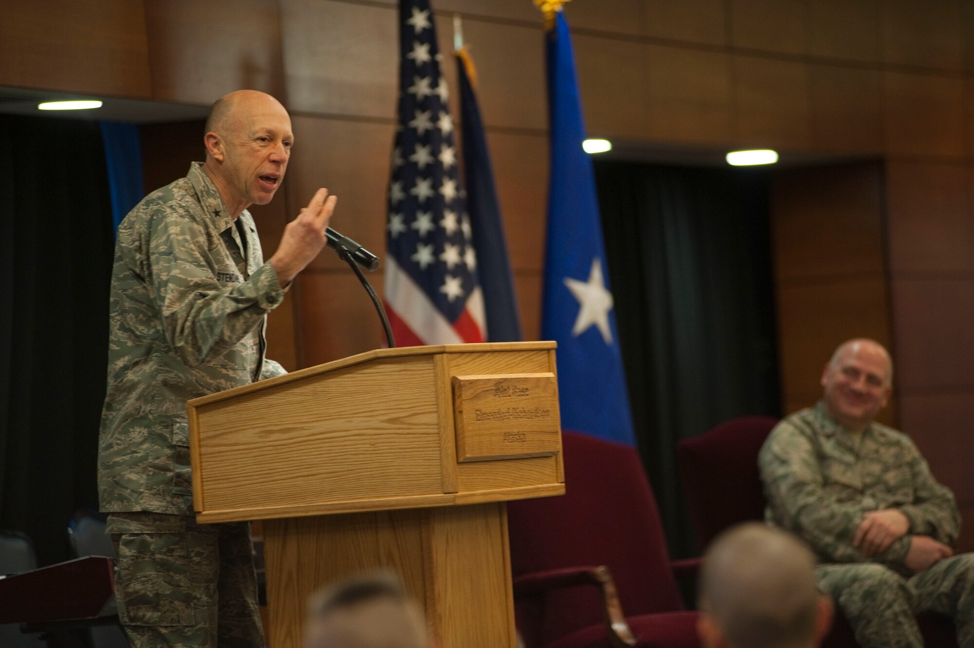 Air Force Chaplain (Brig. Gen.) Howard Stendahl speaks on "Resilience in the community of faith" during the 2012 National Prayer Breakfast at the Arctic Warrior Events Center, Joint Base Elmendorf-Richardson Feb. 22. The U.S. military has regularly participates in this international prayer tradition. Scripture readings were read from multiple sacred writings. Stendahl is deputy chief of chaplains and a member of the special staff of the Chief of Staff of the Air Force at the Pentagon. (U.S. Air Force photo/Staff Sgt. Robert Barnett)
