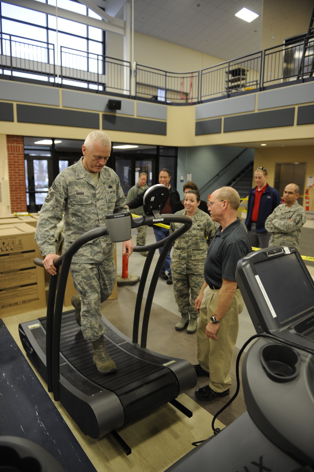 Chief Master Sgt. Andy Kaiser, Command Chief, Air Mobility Command, tests one of Fairchild’s many new exercise machines at the new fitness center Feb. 16. Kaiser has been AMC’s command chief since August. (U.S. Air Force photo by Airman 1st Class Earlandez Young)
