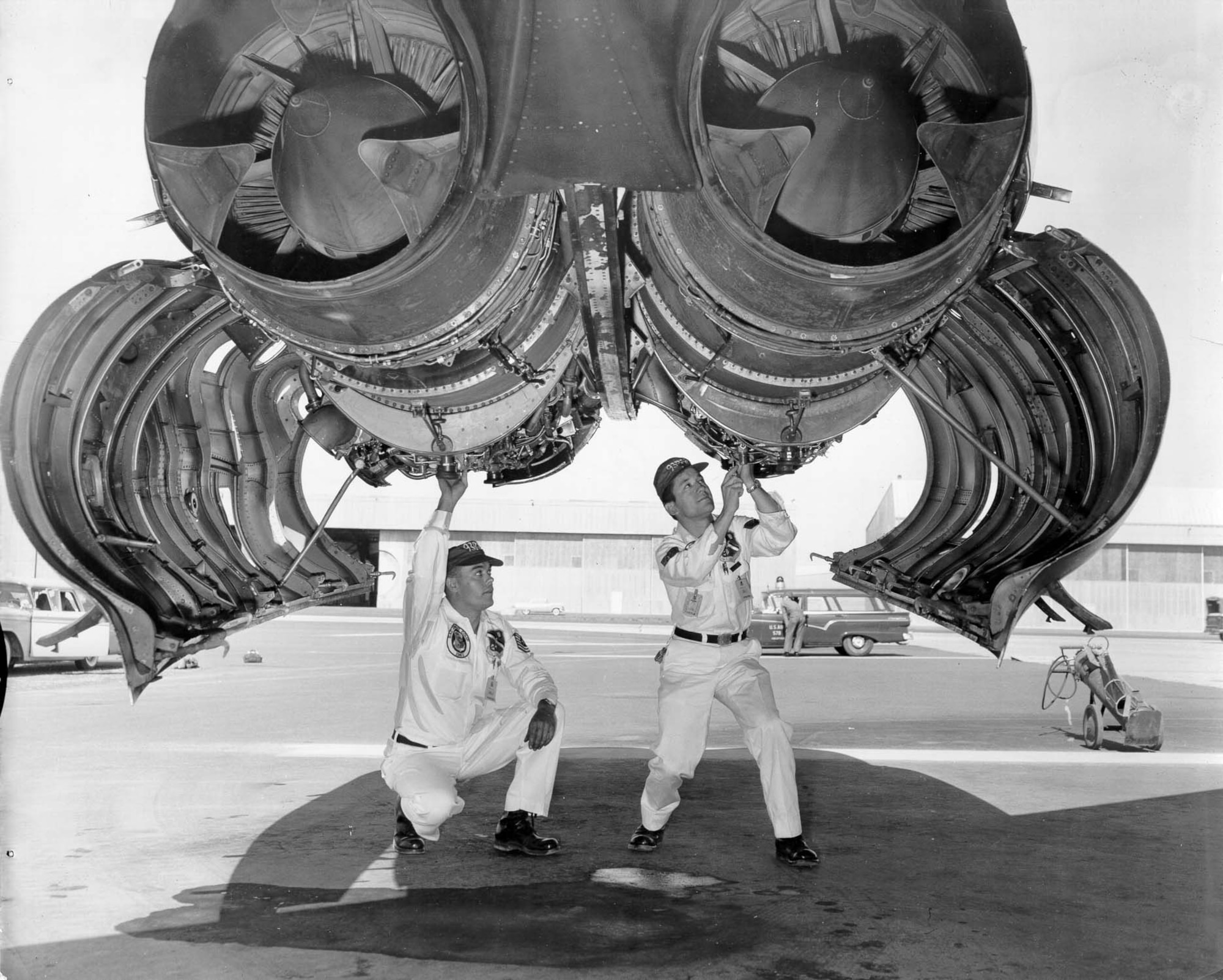 B-52 maintainers work on an engine at Fairchild in 1962. (Courtesy photo)