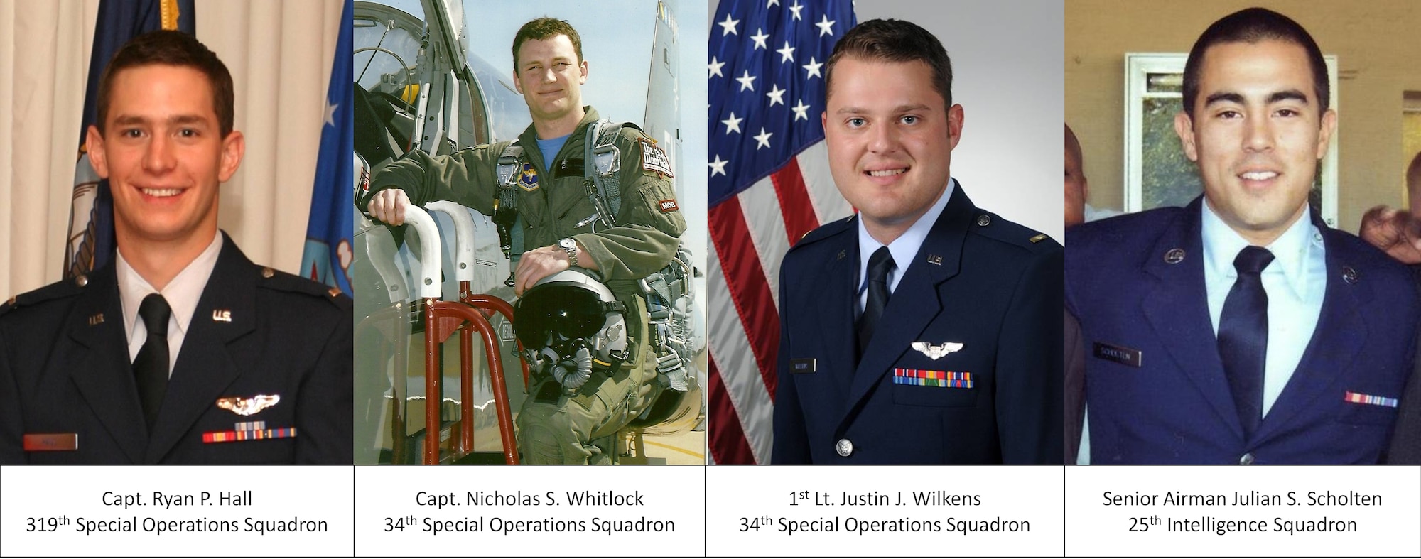 Capt. Ryan P. Hall from the 319th Special Operations Squadron, Capt. Nicholas S. Whitlock and 1st Lt. Justin J. Wilkens from the 34th Special Operations Squadron and Senior Airman Julian S. Scholten from the 25th Intelligence Squadron died Feb. 18 when their U-28A was involved in an accident near Camp Lemonnier, Djibouti, located in the Horn of Africa. No other personnel were on board the aircraft. (U.S. Air Force photo illustration by Senior Airman Joe McFadden) (RELEASED)
