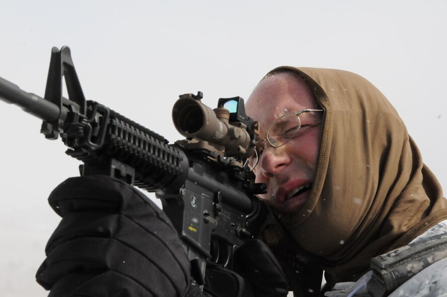 Senior Airman Dustin Turner, an EOD specialist with the 144th Fighter Wing, performs daytime operations while participating in Operation Red Snow, a multi-force, multi-agency training scenario at the USMC Mountain Warfare Training Center located in Bridgeport, California. The 144th Fighter Wing personnel acted as Opposing Forces to the California Army National Guard, the California Army National Guard Civil Support Team and the Federal Bureau of Investigation. (Photograph by MSgt. David J. Loeffler)