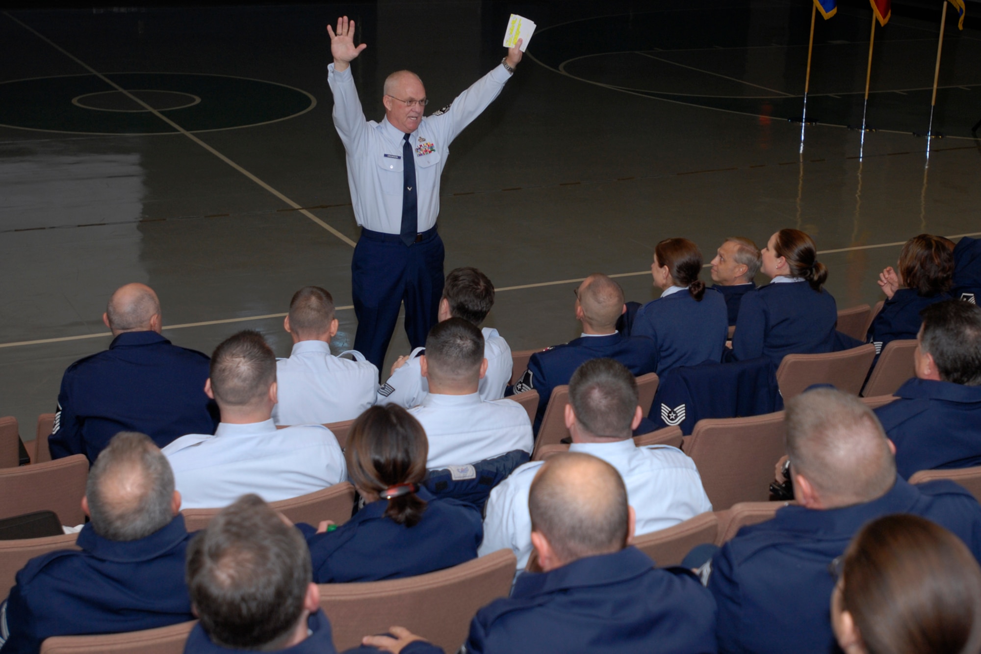 CMSgt Lawrence Crowson, the HQ SCANG Command Chief, discussed leadership initiatives.  Members of the 169th Fighter Wing and the South Carolina Air National Guard, from McEntire Joint National Guard Base, conducts its first Top 3 Conference in six years.  The focus of this conference was the mentoring of airmen and their professional development.  Instructors from the Paul H. Lankford Enlisted Professional Military Education Center at McGhee Tyson Air National Guard Base conducted courses of instruction to the more than 120 senior NCOs in attendace of this three-day conference.  The conference was held at the nearby SC National Guard's McGrady Training Center to minimize travel and conference costs while still maintaining an off-site focus.  
(SCANG photo by SMSgt. Edward Snyder)