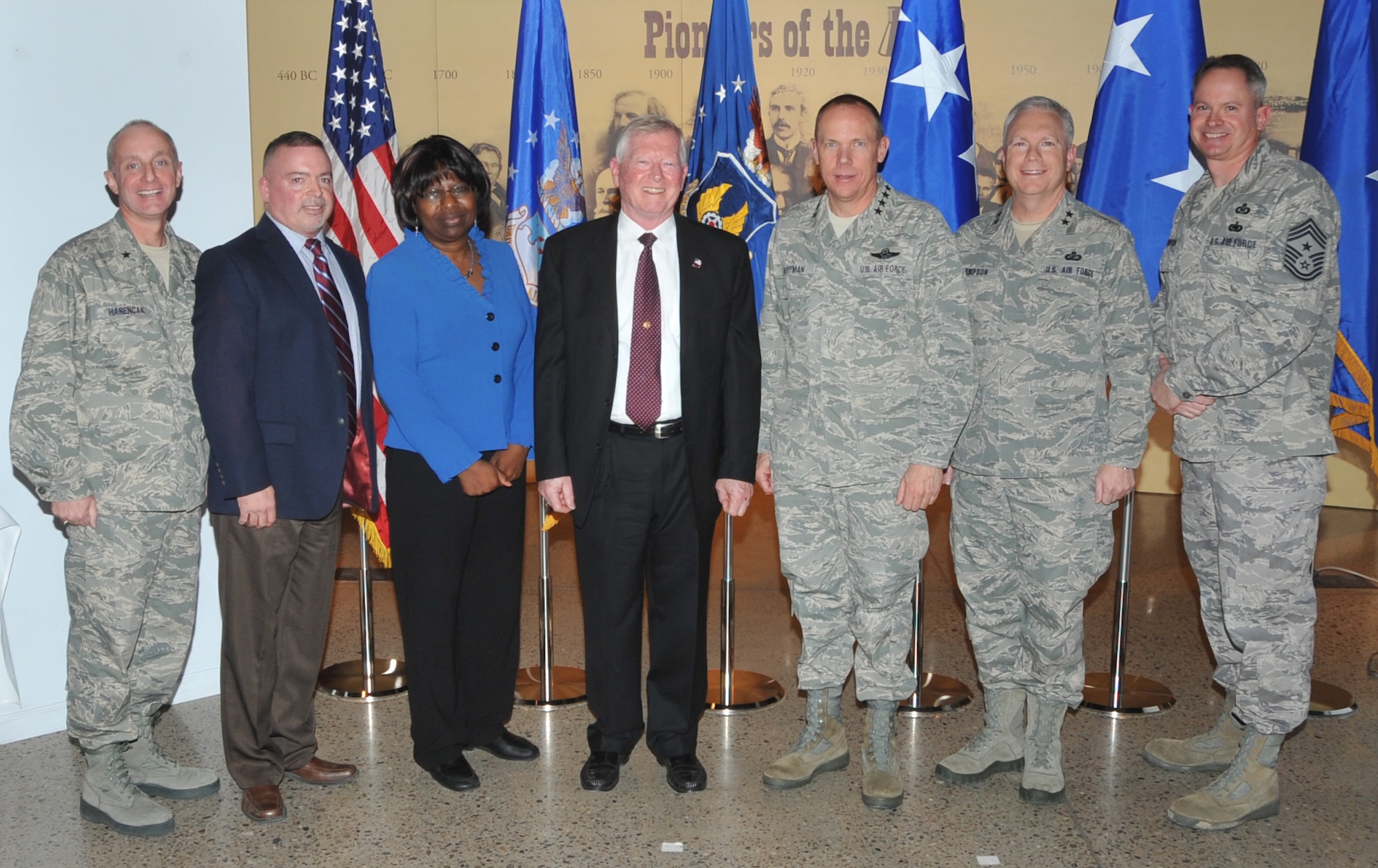 KIRTLAND AFB, N.M. -- Brig. Gen. Garrett Harencak, commander of the Air Force Nuclear Weapons Center at Kirtland AFB, left, inducted five individuals and one team into the ‘Order of the Nucleus’ on Feb. 16 at the National Museum of Nuclear Science & History in Albuquerque, for distinguished support to the nuclear enterprise. From left to right, Dave Lorenz, representing the Weapon System Supply Chain Management Team; Virginia Brown, Logistics Program Manager, AFNWC; Dr. John C. Hogan, retired senior scientist, Sandia National Laboratories; Gen. Donald J. Hoffman, commander, Air Force Materiel Command; Maj. Gen. John F. Thompson, former Air
Force Program Executive Officer for Strategic Systems; and Chief Master Sergeant Lee Thompson, AFNWC command chief. (Photo by Todd Berenger)