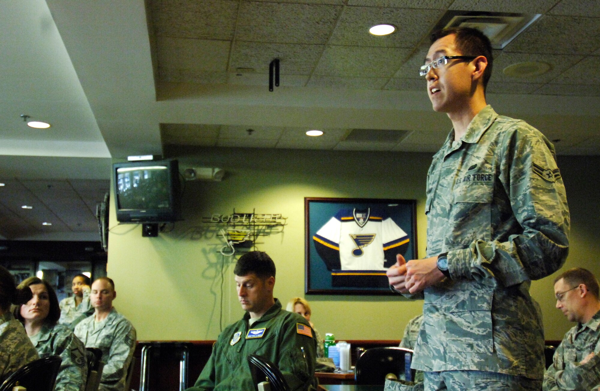 Airman 1st Class Jacob Beeman, 375 Communications Support Squadron computer programmer, talks about what the First Four has planned out for future at the Scott Club at Scott Air Force Base, Ill. As a leader, one of the lessons he tries to instill in others, especially the younger servicemembers, is to be confident. He expressed that everyone’s opinion matters in the Air Force and that you shouldn’t be afraid to speak your mind. (U.S. Air Force photo/Airman 1st Class Jake Eckhardt)