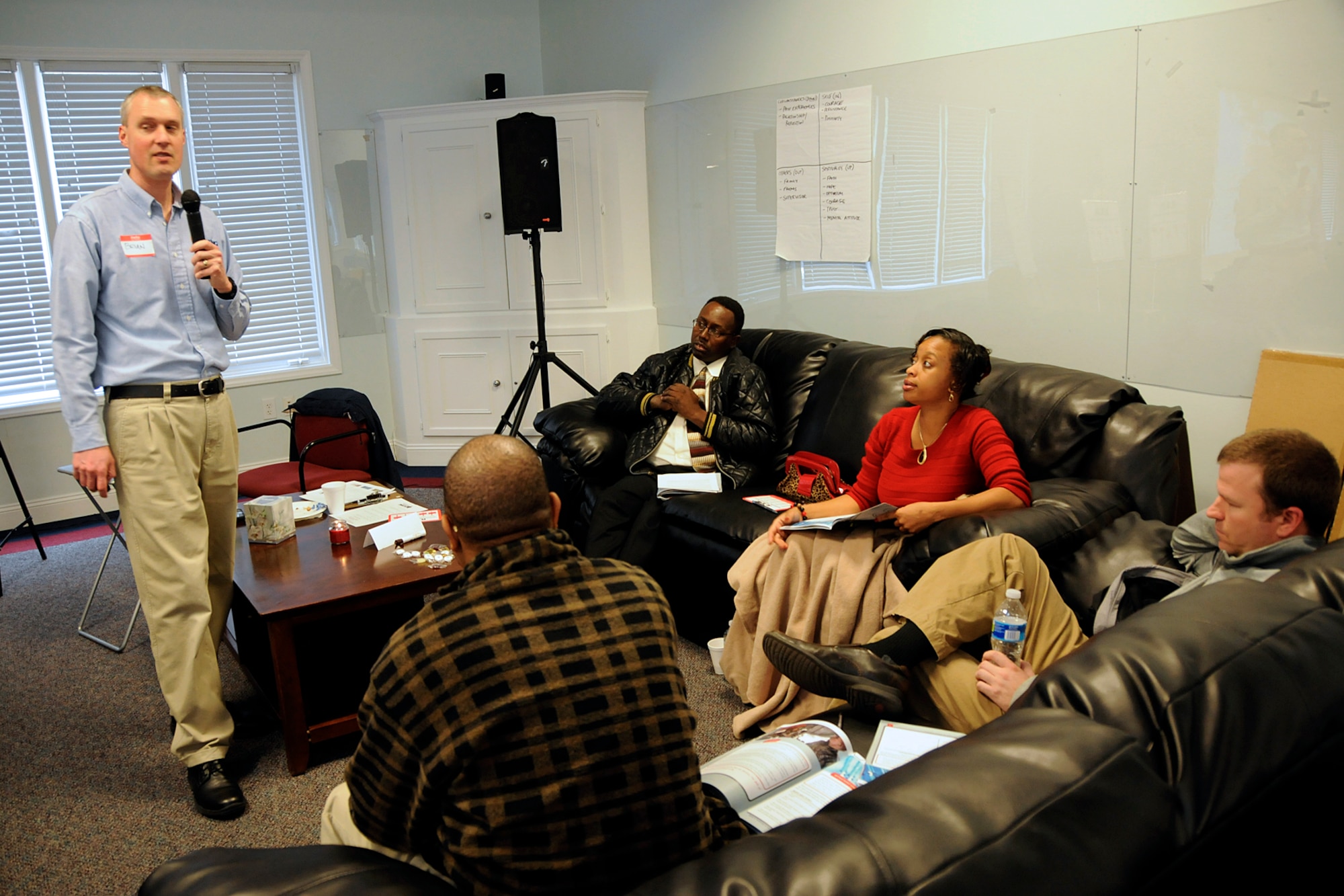 A diverse group of McEntire's personnel attended the first ever "Ultimate Spirituality: Resiliency and Relationships" training at McCrady Training Center on February 8th, 2012.  The course, led by Chaplain Bohlman and retired Army Chaplain, Col. Jeffrey Young, National Guard Bureau Chaplains Corps Senior Analyst Contractor, was created as part of the new Comprehensive Airmen Fitness (CAF) program that the Air Force has instituted.  The CAF focuses on four pillars of wellness: physical, mental, social and spiritual.
(SCANG photo by TSgt. Caycee Cook)