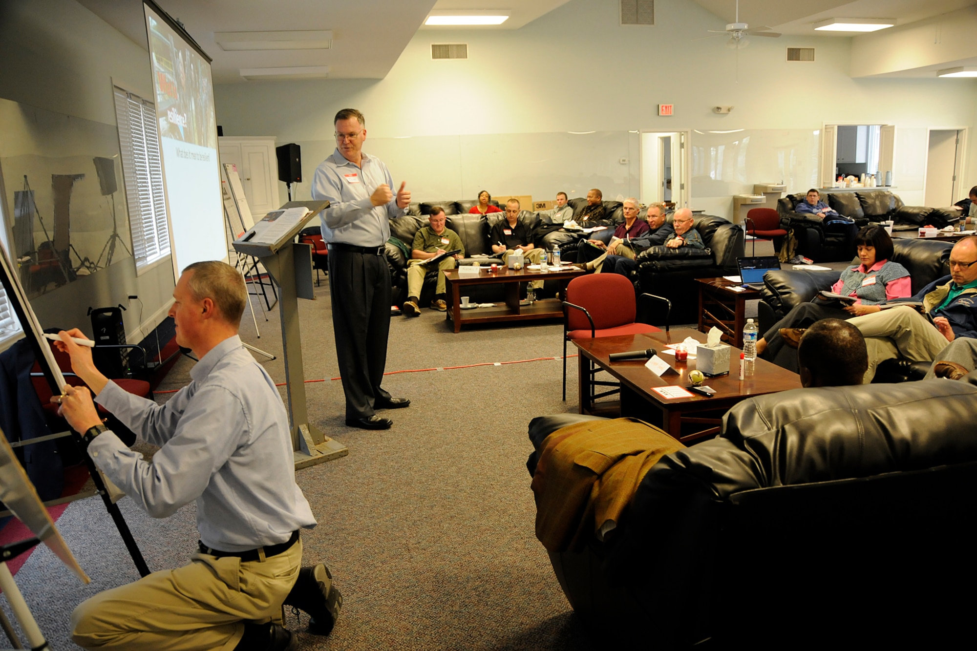 A diverse group of McEntire's personnel attended the first ever "Ultimate Spirituality: Resiliency and Relationships" training at McCrady Training Center on February 8th, 2012.  The course, led by Chaplain Bohlman and retired Army Chaplain, Col. Jeffrey Young, National Guard Bureau Chaplains Corps Senior Analyst Contractor, was created as part of the new Comprehensive Airmen Fitness (CAF) program that the Air Force has instituted.  The CAF focuses on four pillars of wellness: physical, mental, social and spiritual.
(SCANG photo by TSgt. Caycee Cook)